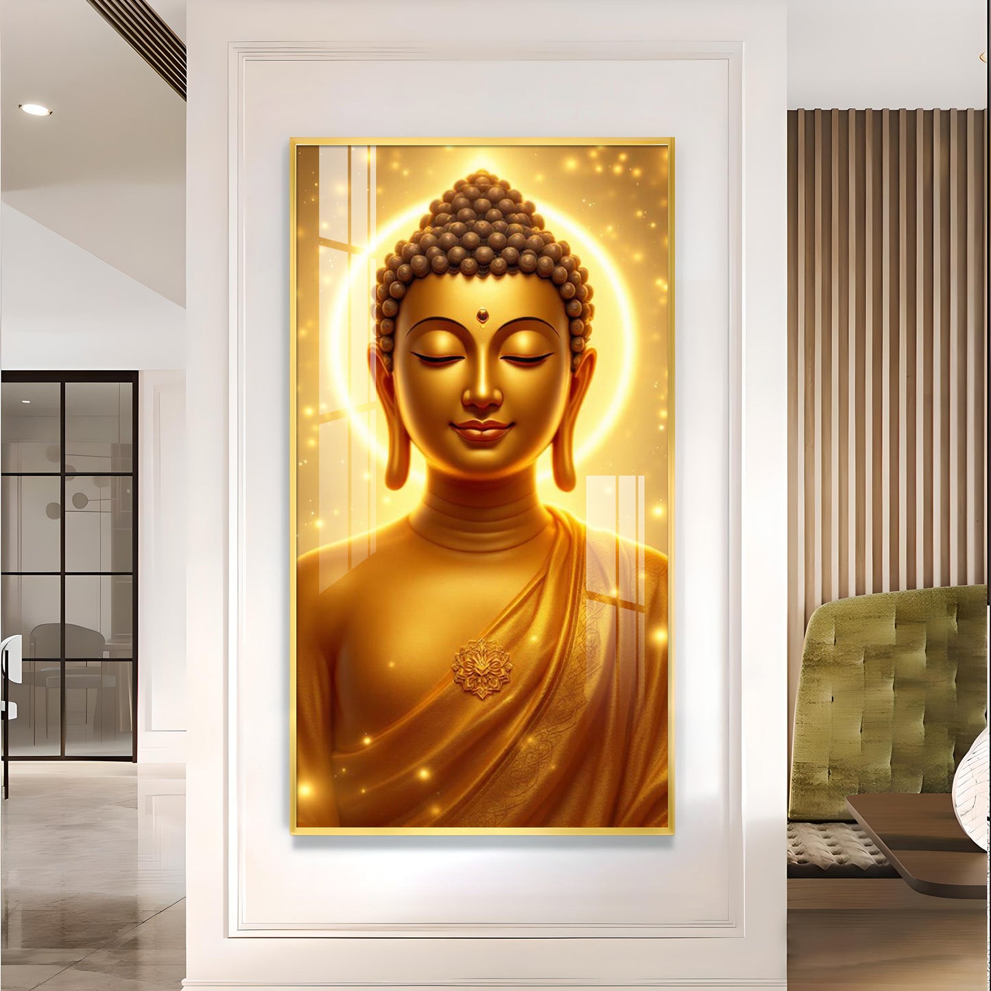 Golden Meditating Buddha Glass Finish Vertical Wall Art