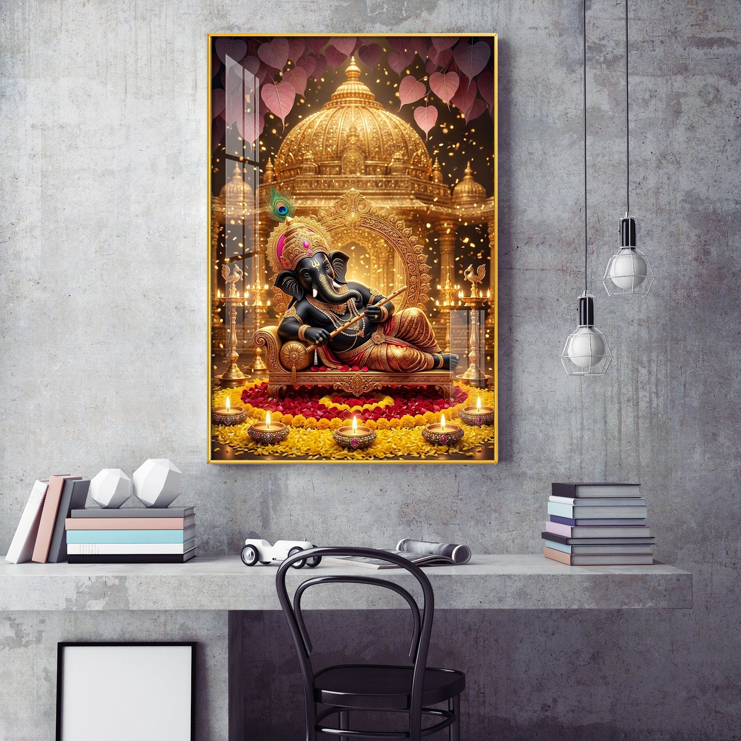 Lord Ganesha Holding A Flute Glass Finish Vertical Wall Art