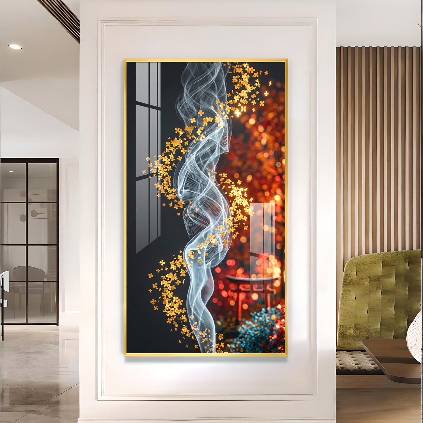 Whispers of Golden Bloom Glass Finish Vertical Wall Art
