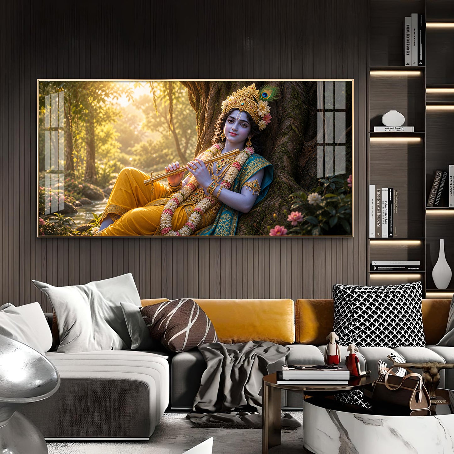 Lord Krishna Glass Finish Horizontal Wall Art