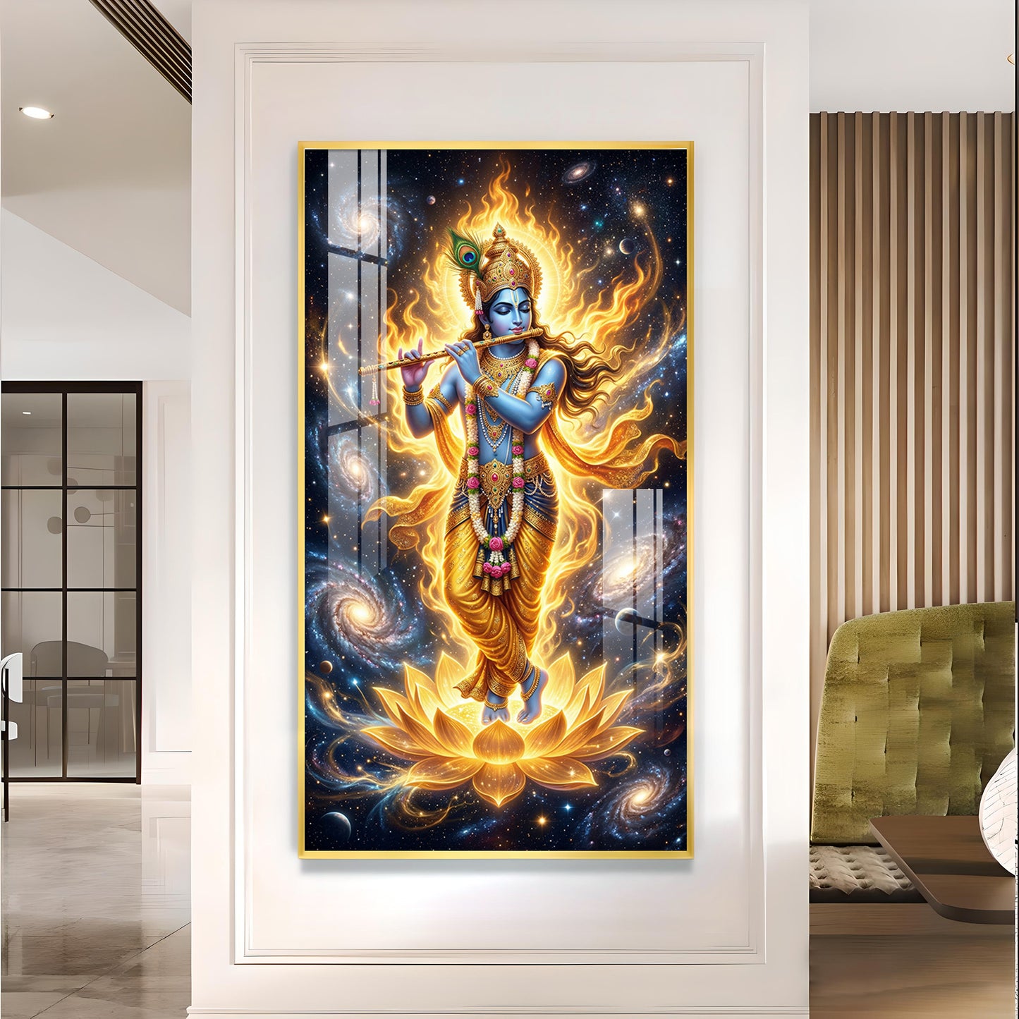 Lord Krishna Playing Bansuri Glass Finish Vertical Wall Art
