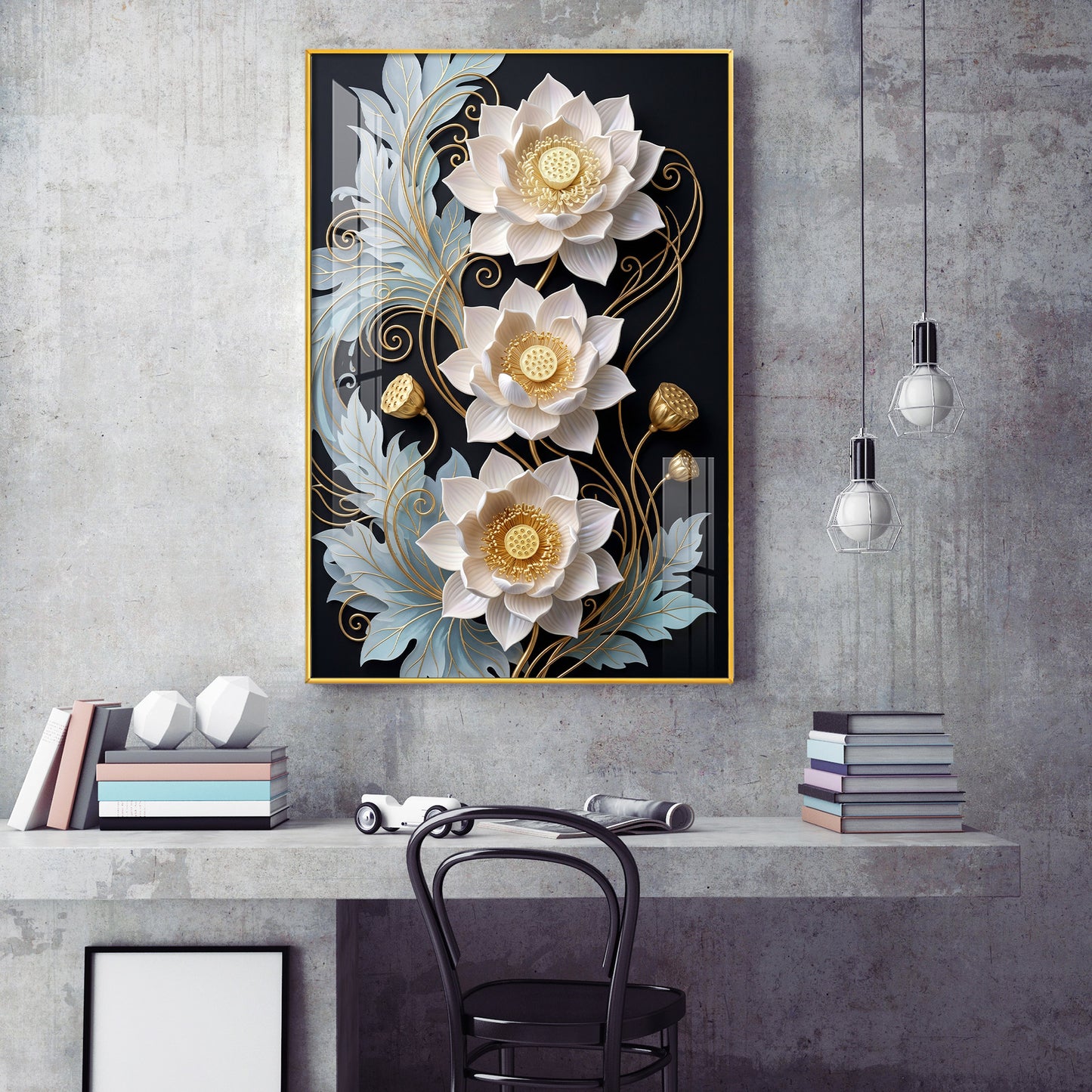 White Lotus With Golden Accents Glass Finish Vertical Wall Art