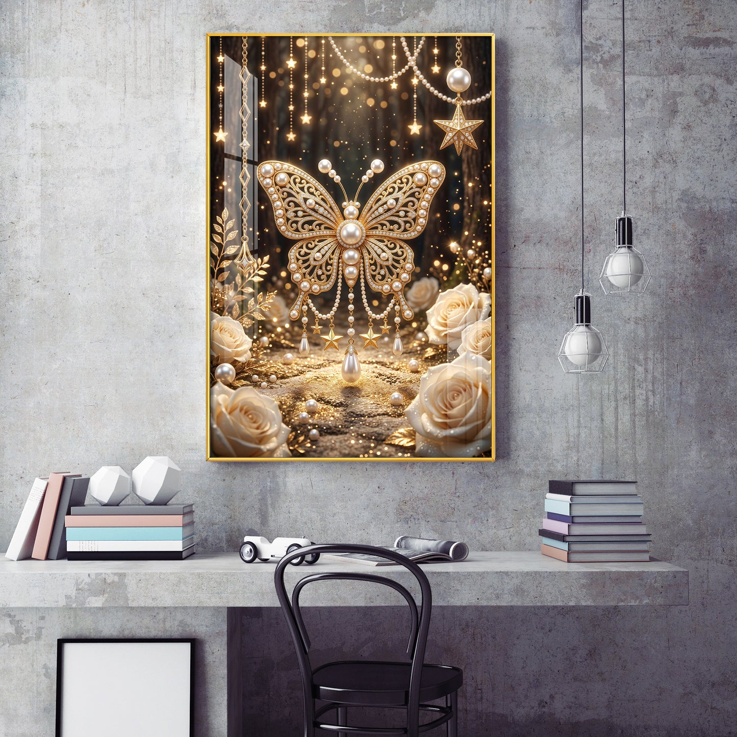 Golden Butterfly Embellished With Pearls Glass Finish Vertical Wall Art