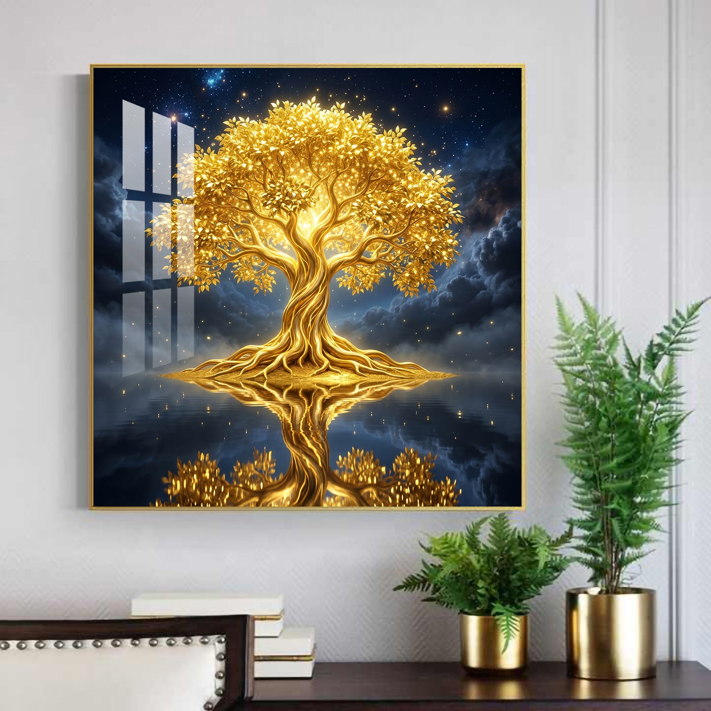 Divine Tree Kalpavriksha Glass Finish Square Wall Art