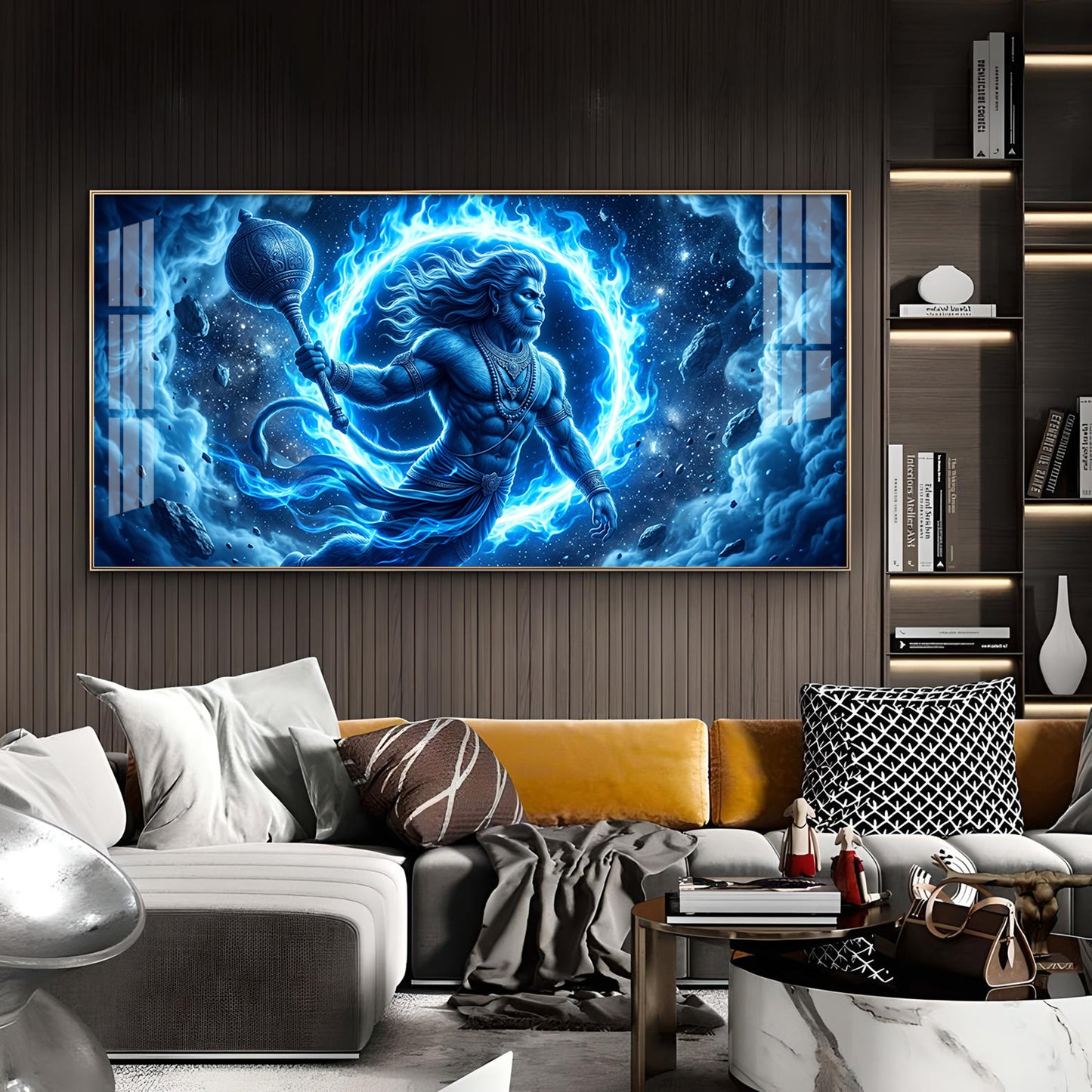 Depicts Lord Hanuman Glass Finish Horizontal Wall Art