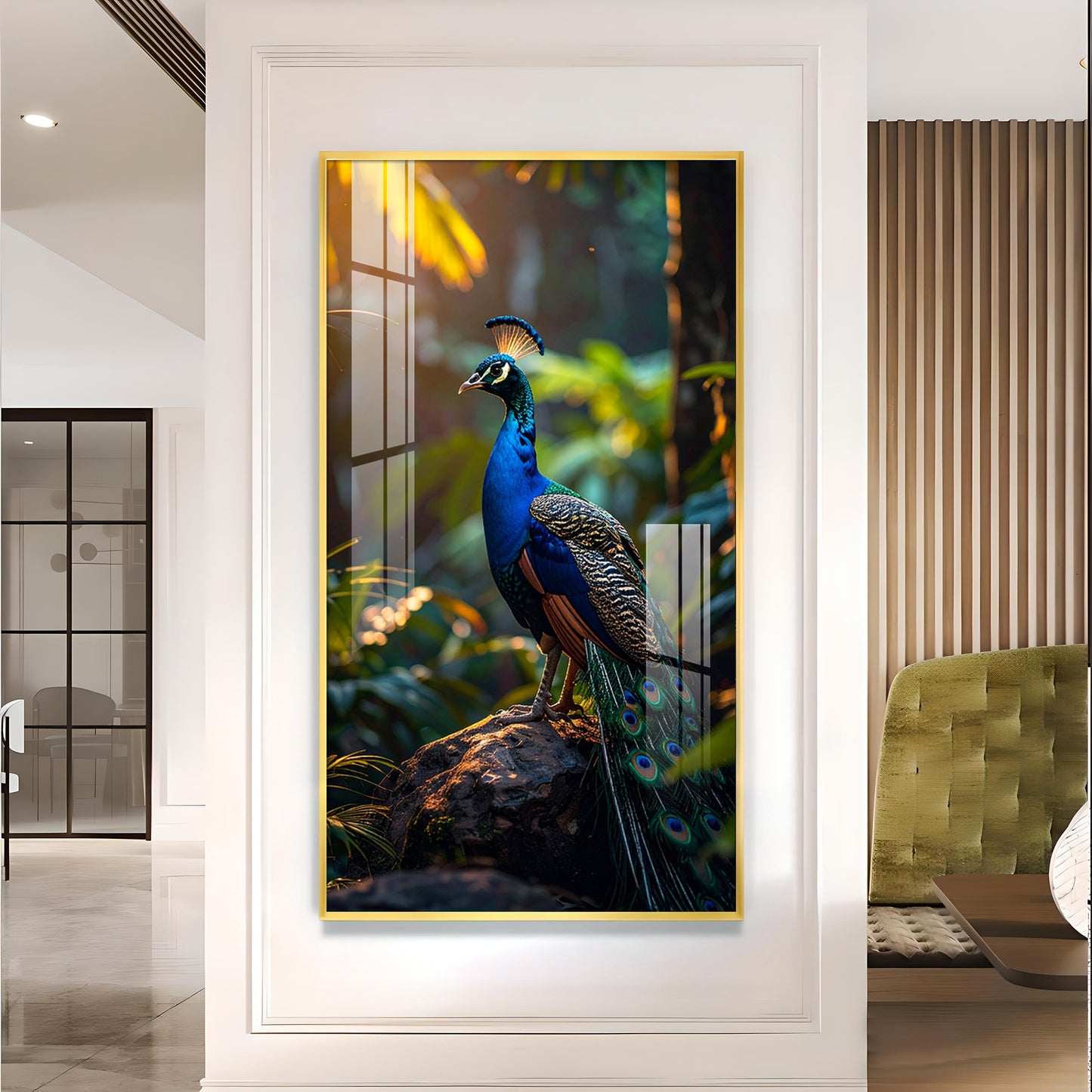 Peacock Perch Glass Finish Vertical Wall Art
