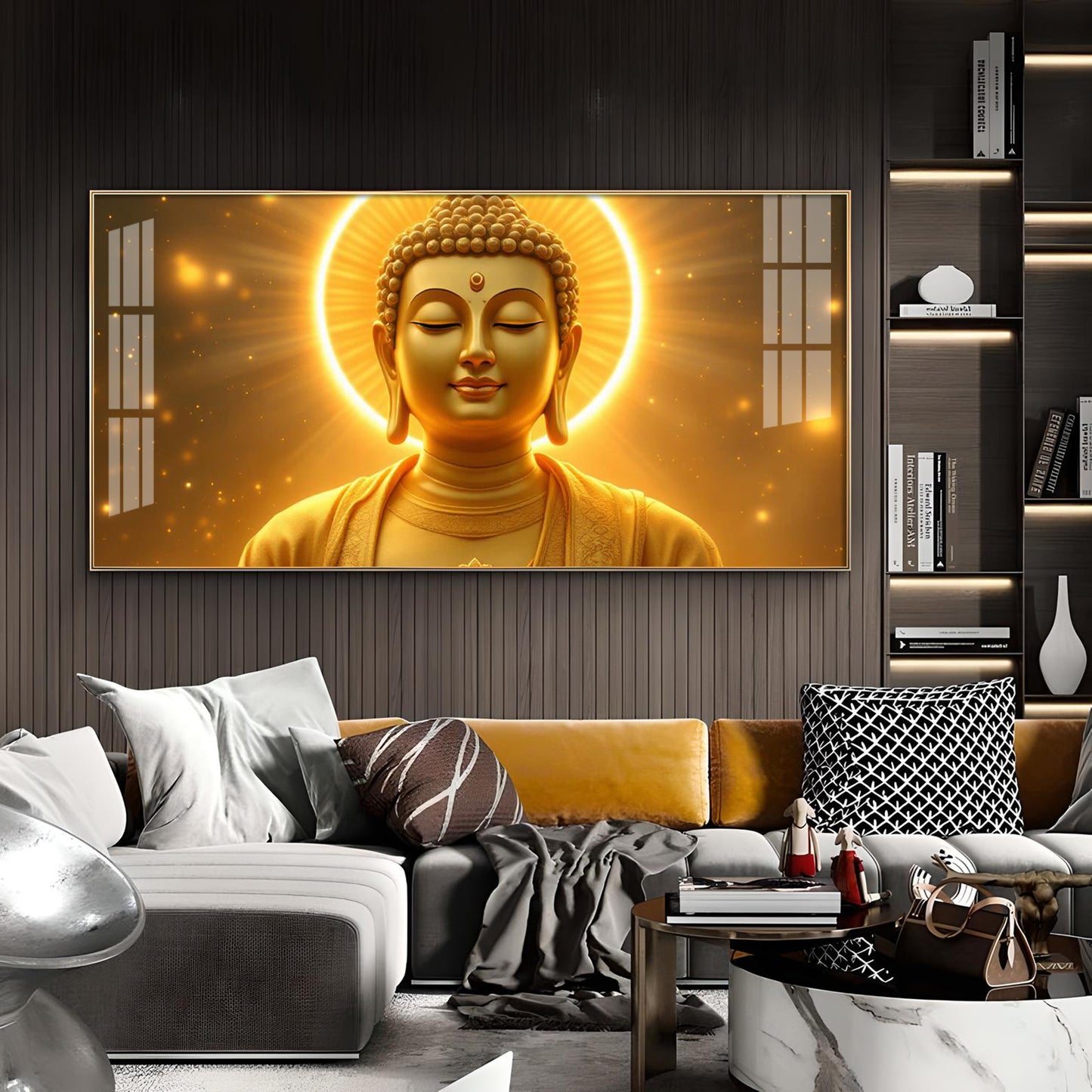 Divine Golden Buddha Glass Finish Horizontal Wall Art