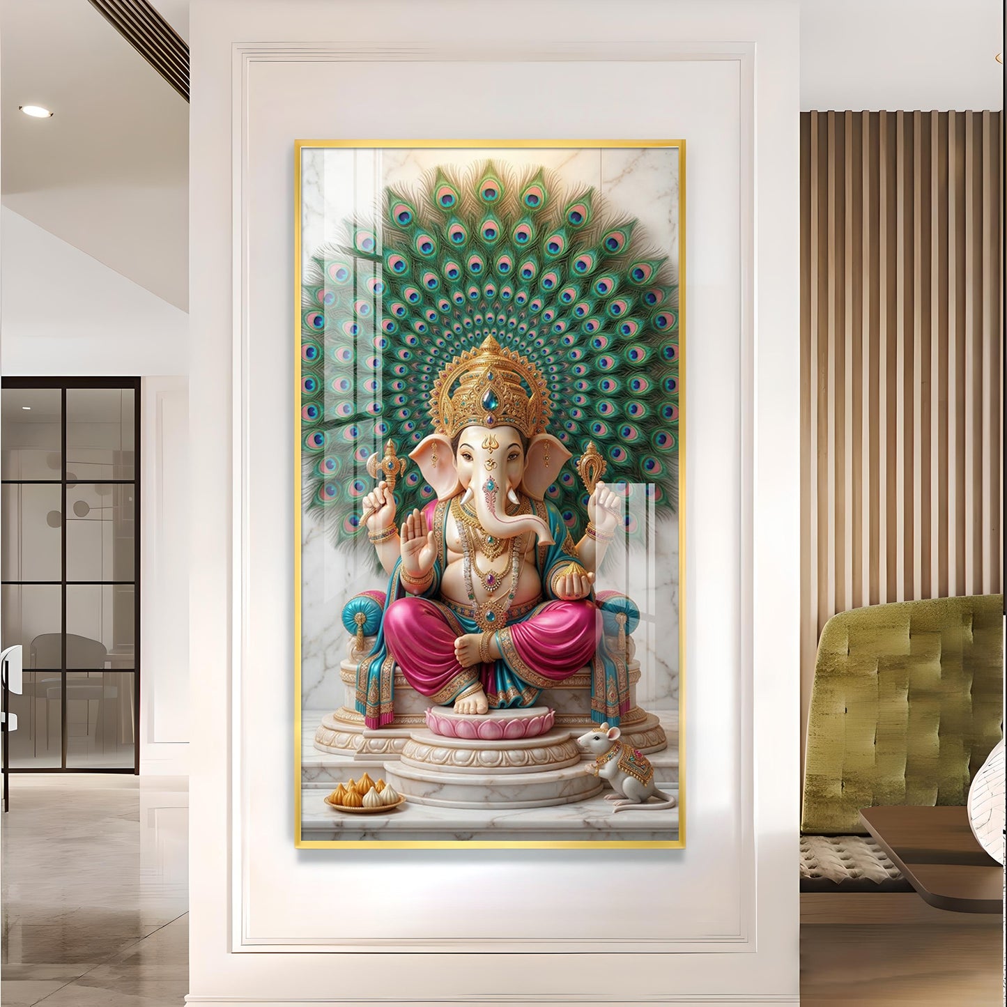 Lord Ganesha Glass Finish Vertical Wall Art