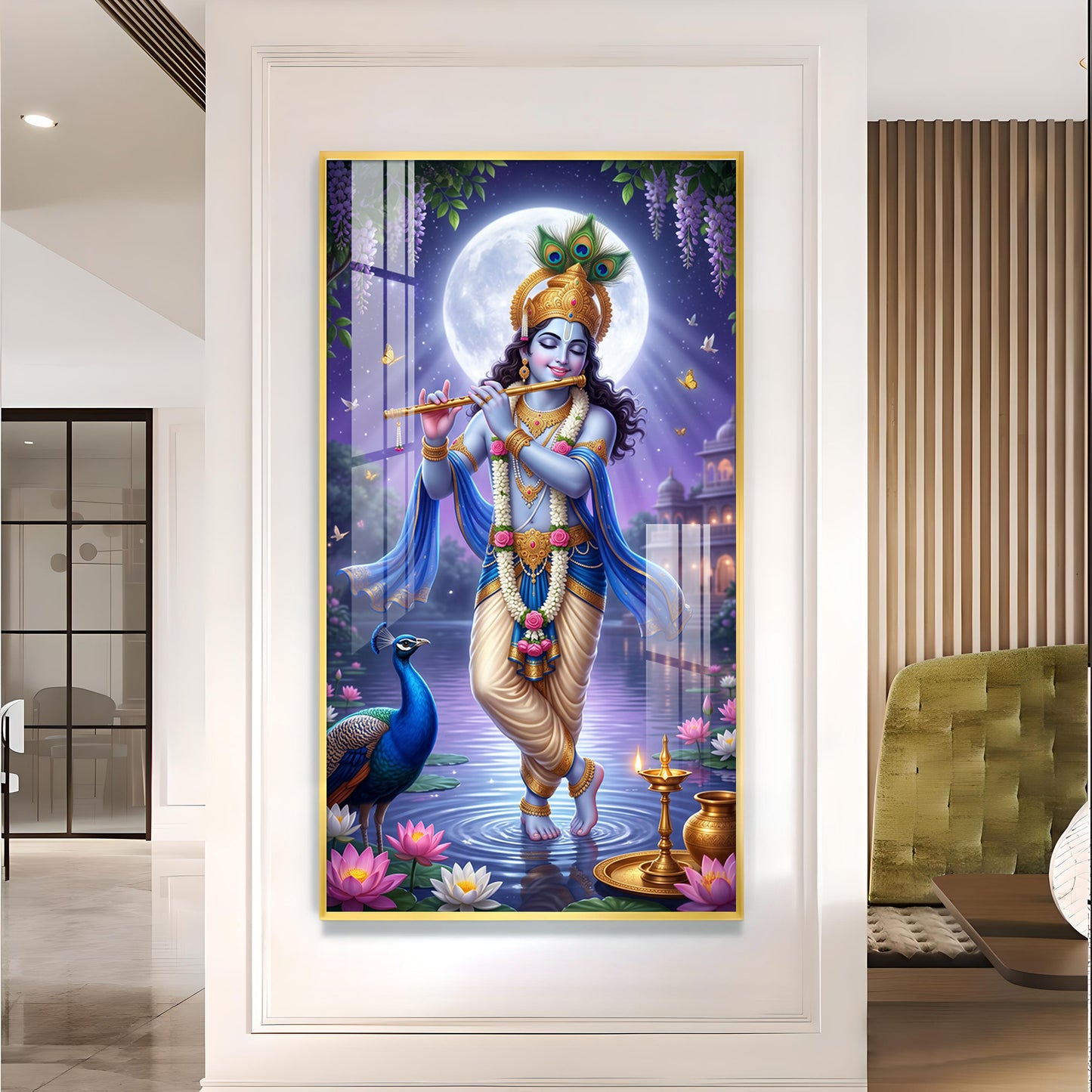 Depicting Lord Krishna Glass Finish Vertical Wall Art