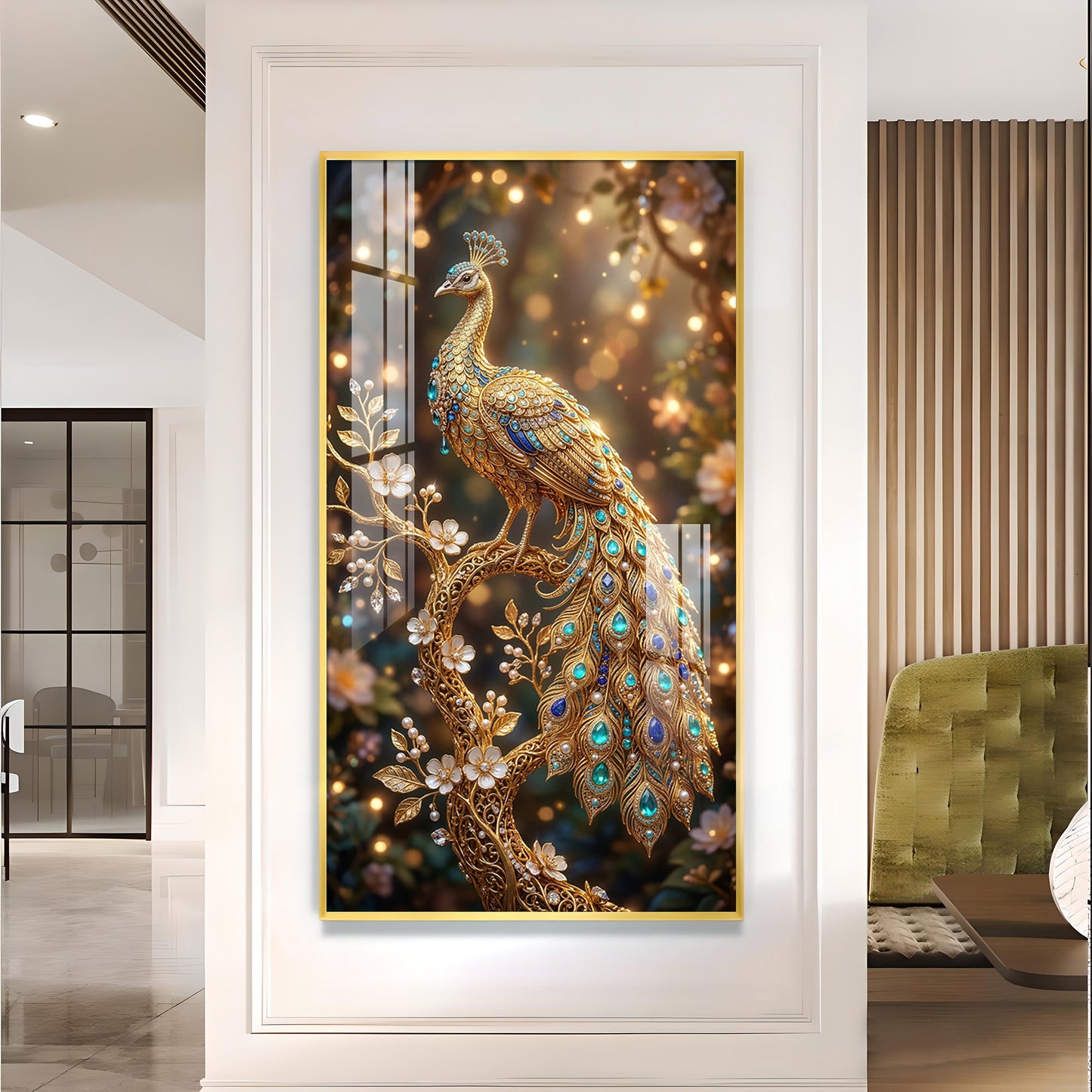 Elegant Peacock Fantasy Glass Finish Vertical Wall Art