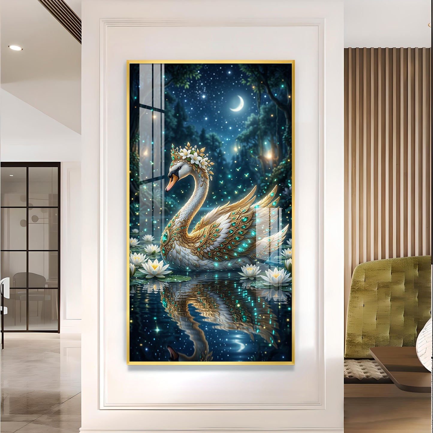 Calm Night Magical Swan Glass Finish Vertical Wall Art