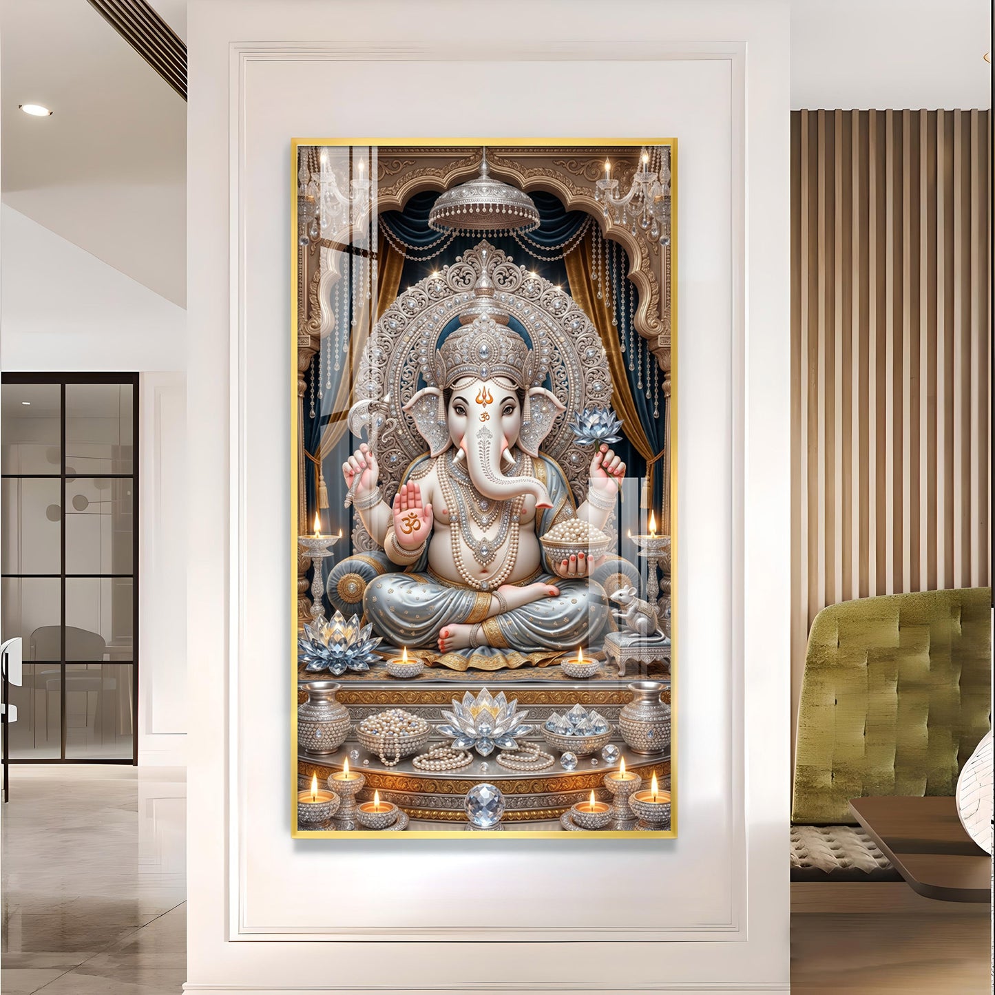 Depicts Lord Ganesha Glass Finish Vertical Wall Art