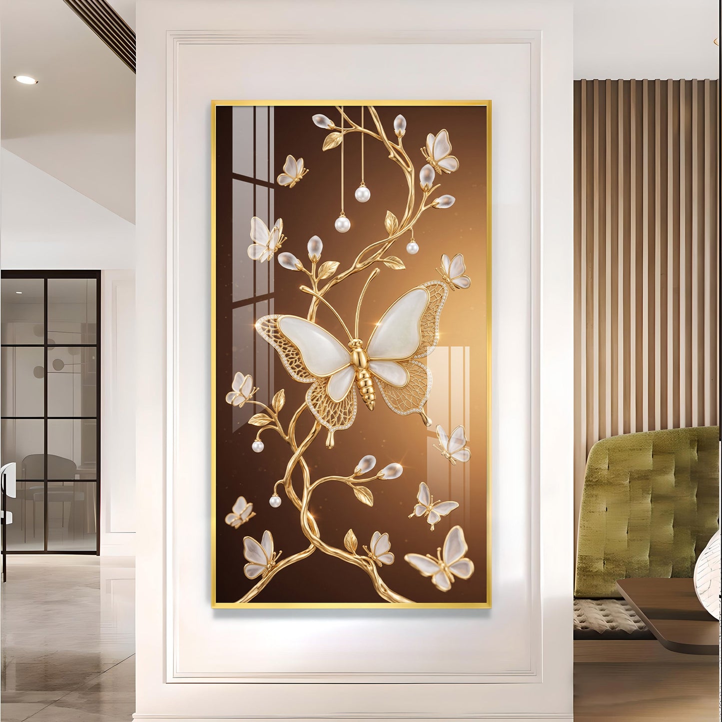 Golden Vines With White Butterflies Glass Finish Vertical Wall Art