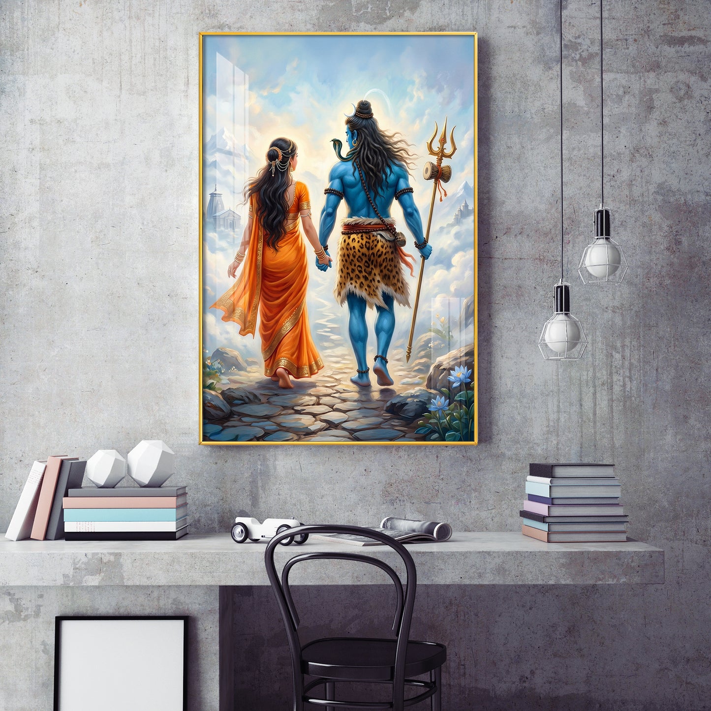 Divine Shiv Ji & Parvati Glass Finish Vertical Wall Art
