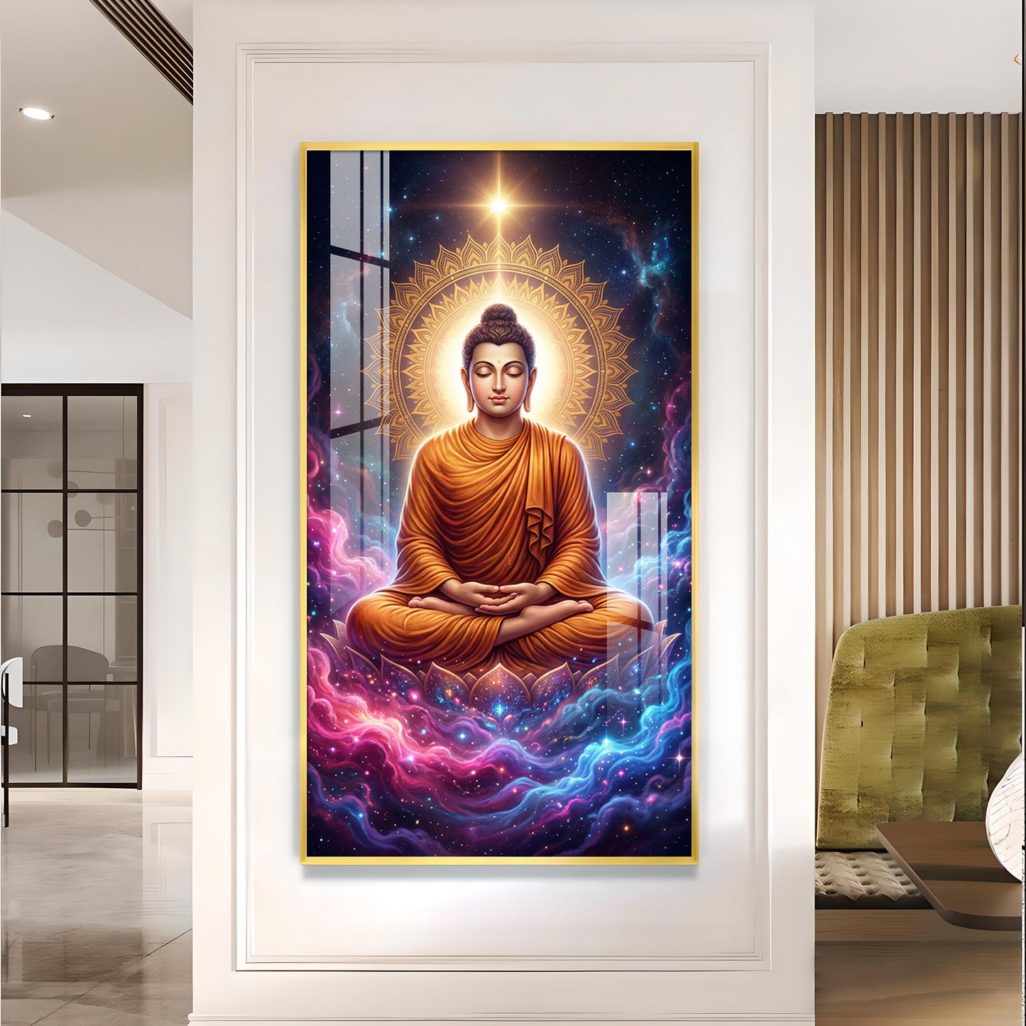 Lord Gautam Buddha Glass Finish Vertical Wall Art