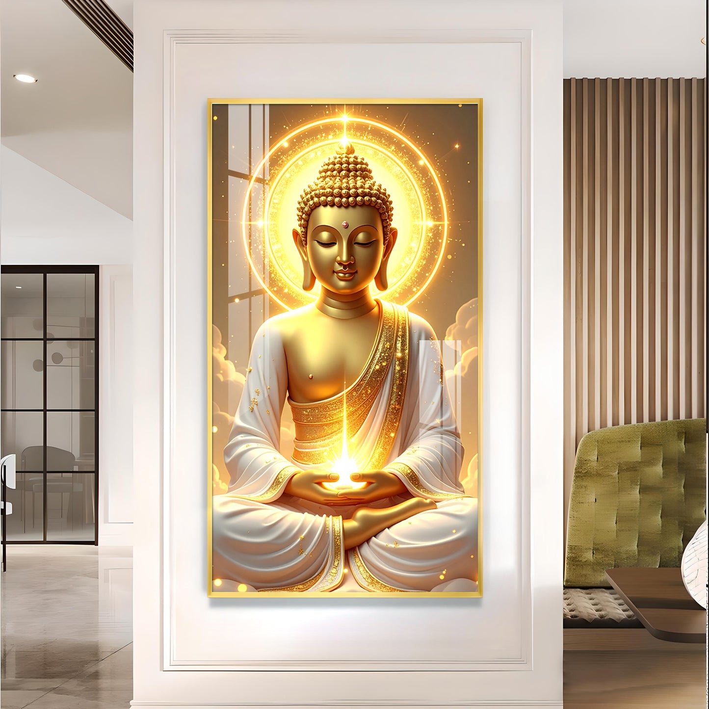 Buddha's Golden Horizon Glass Finish Vertical Wall Art