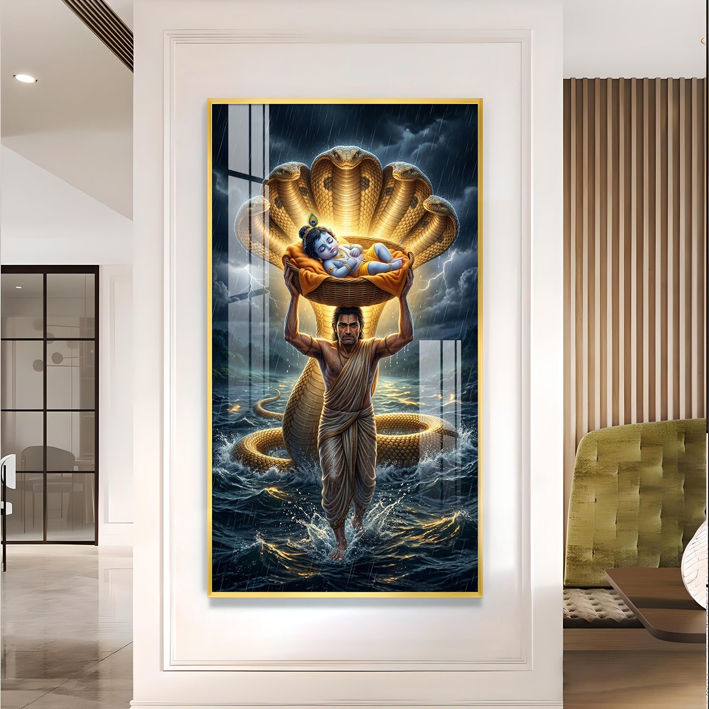 Lord Krishna with Vasudeva Glass Finish Vertical Wall Art