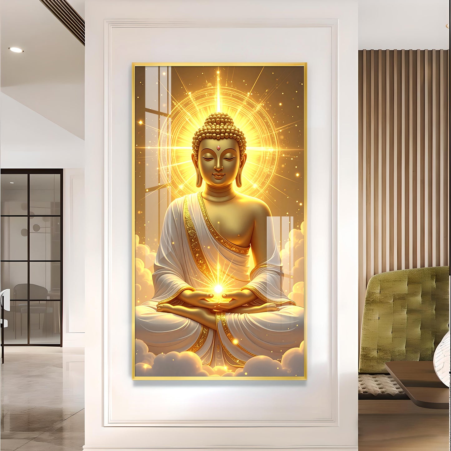 Golden Serenity Buddha Glass Finish Vertical Wall Art