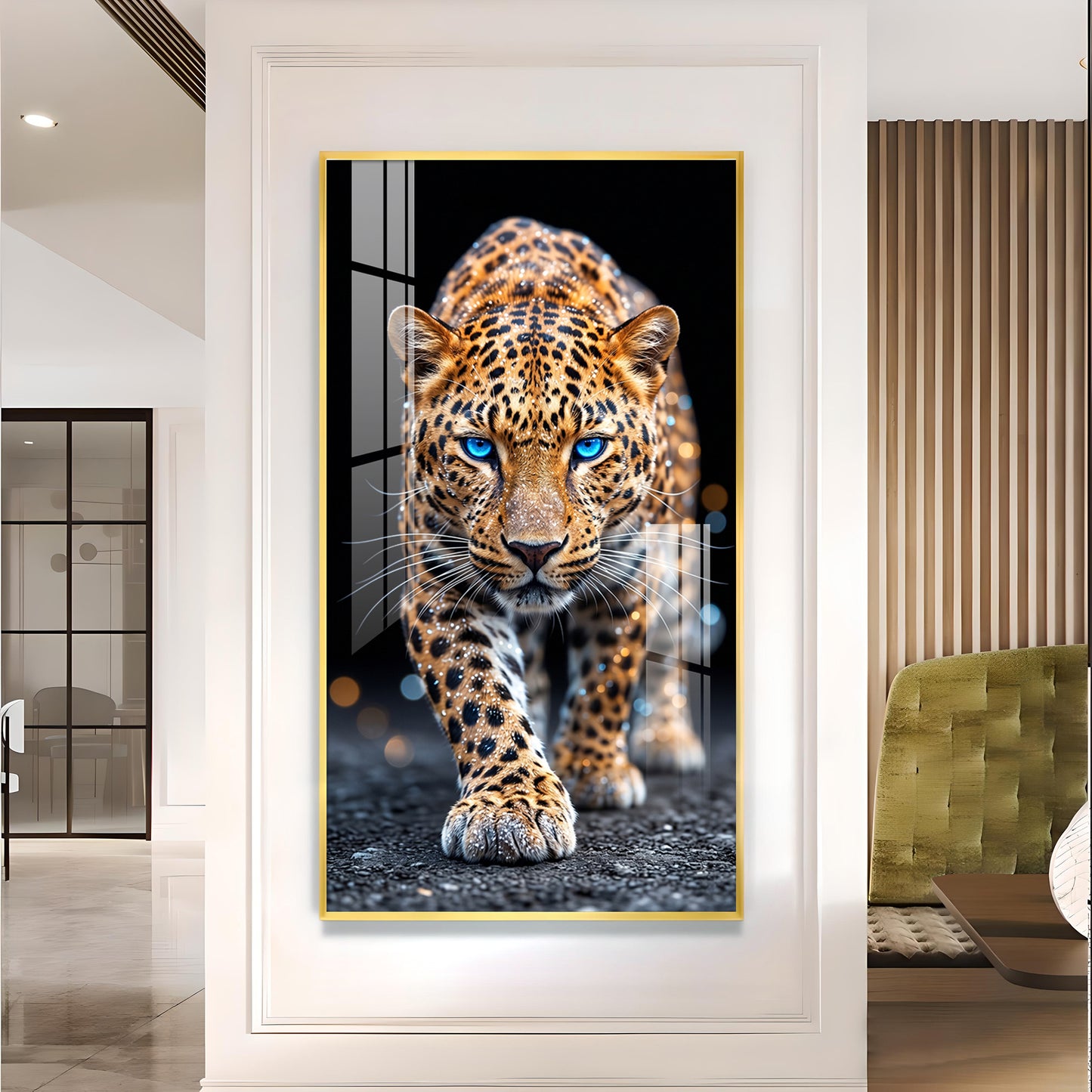 Wild Leopard With Blue Eyes Glass Finish Vertical Wall Art