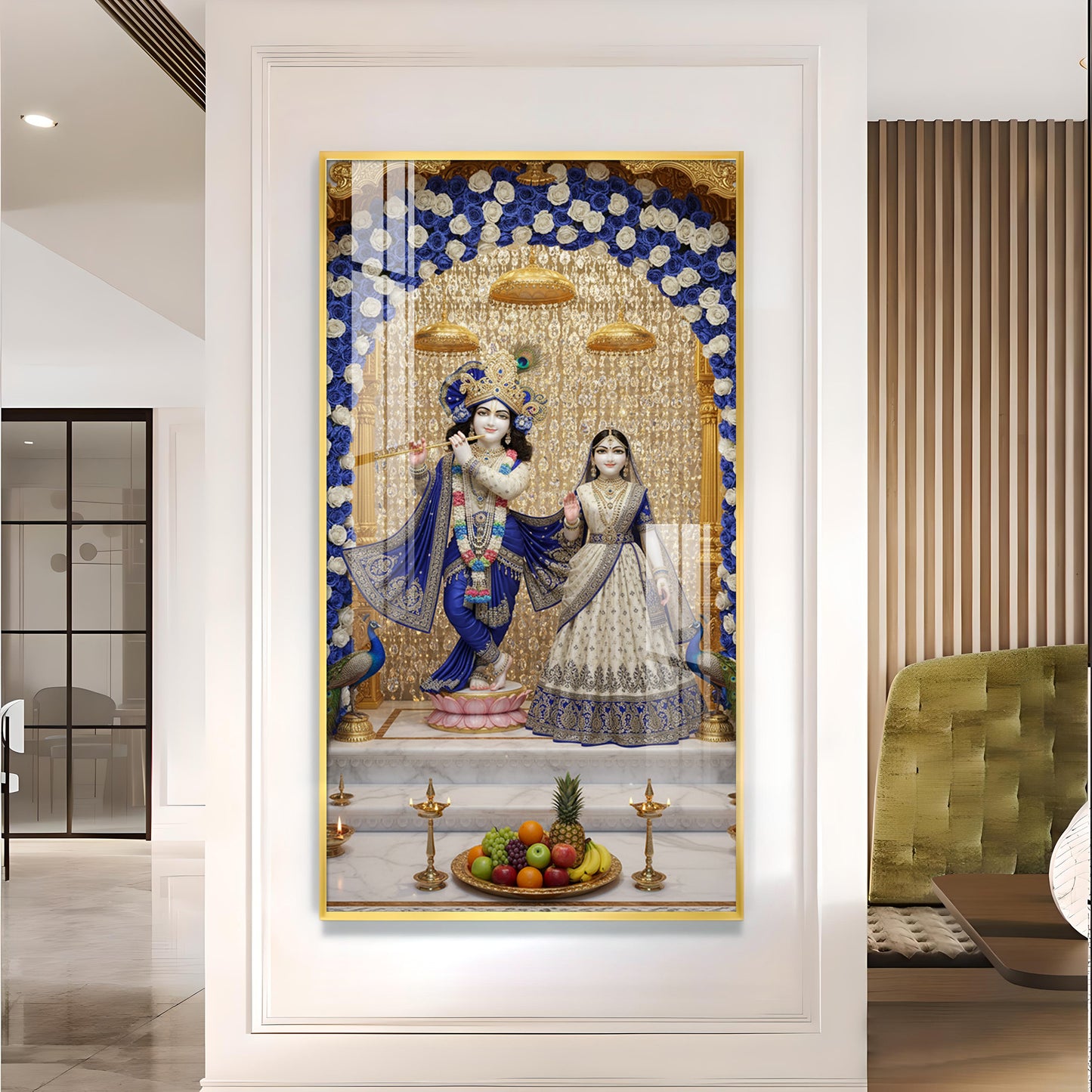 Deities Radha & Krishna Glass Finish Vertical Wall Art