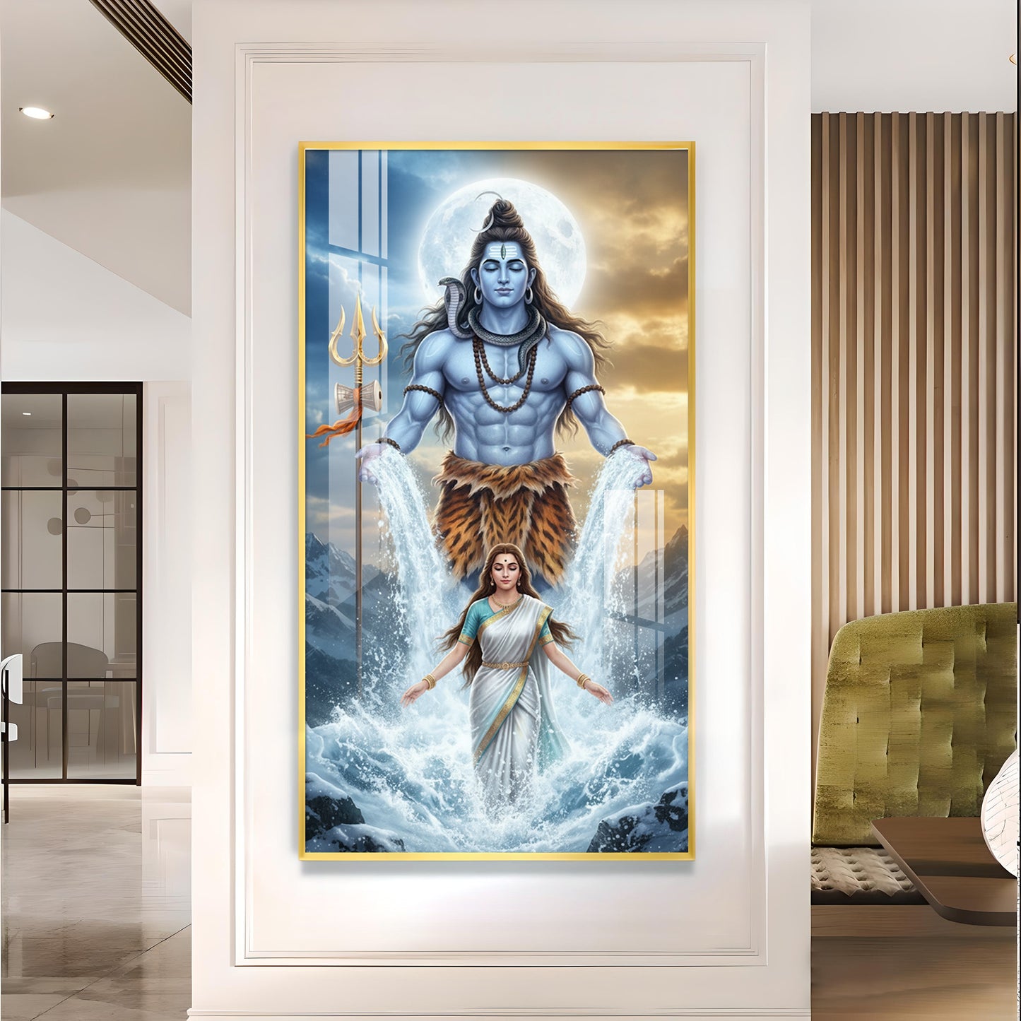 Shiv Parvati Glass Finish Vertical Wall Art