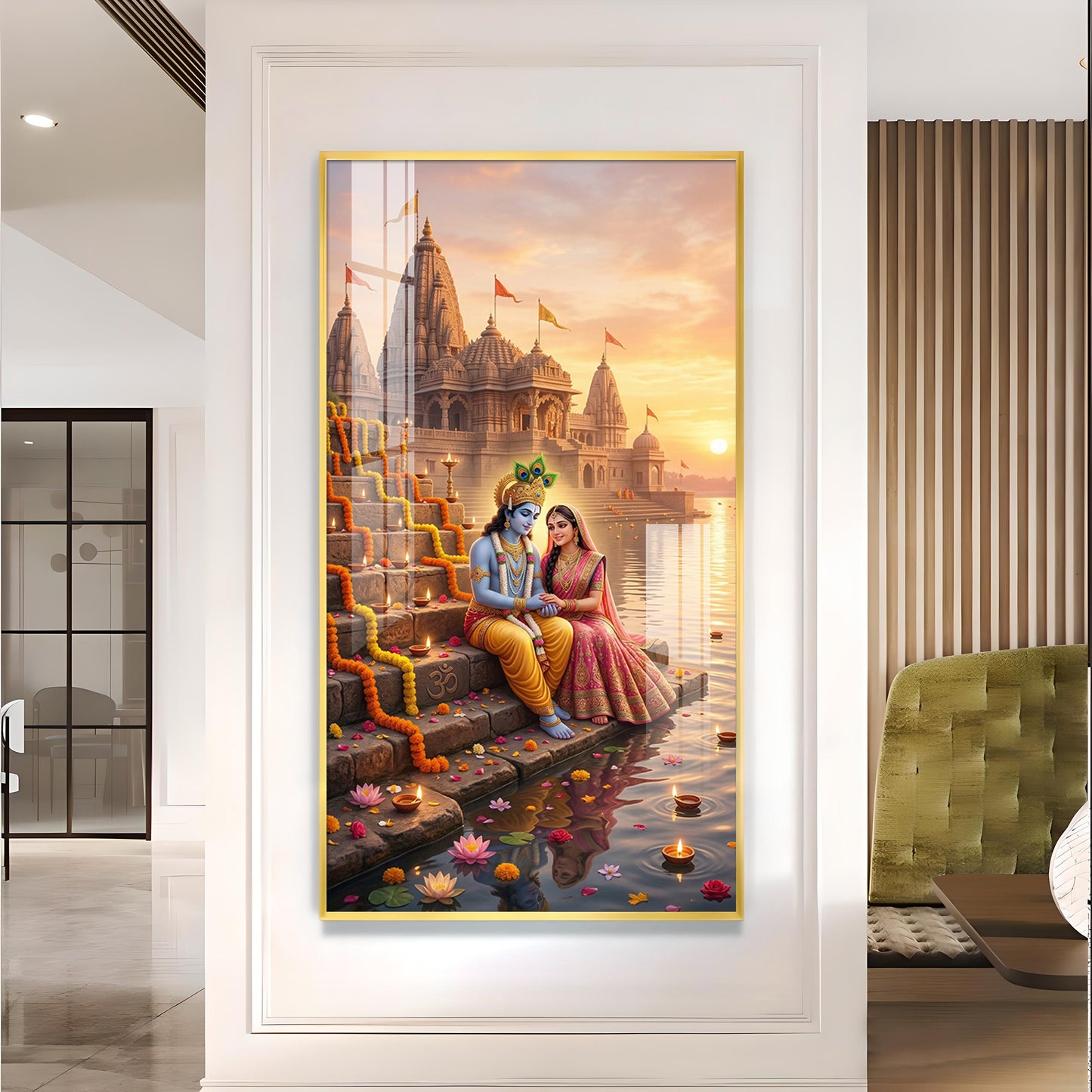 Radha Krishna On Ghat Glass Finish Vertical Wall Art