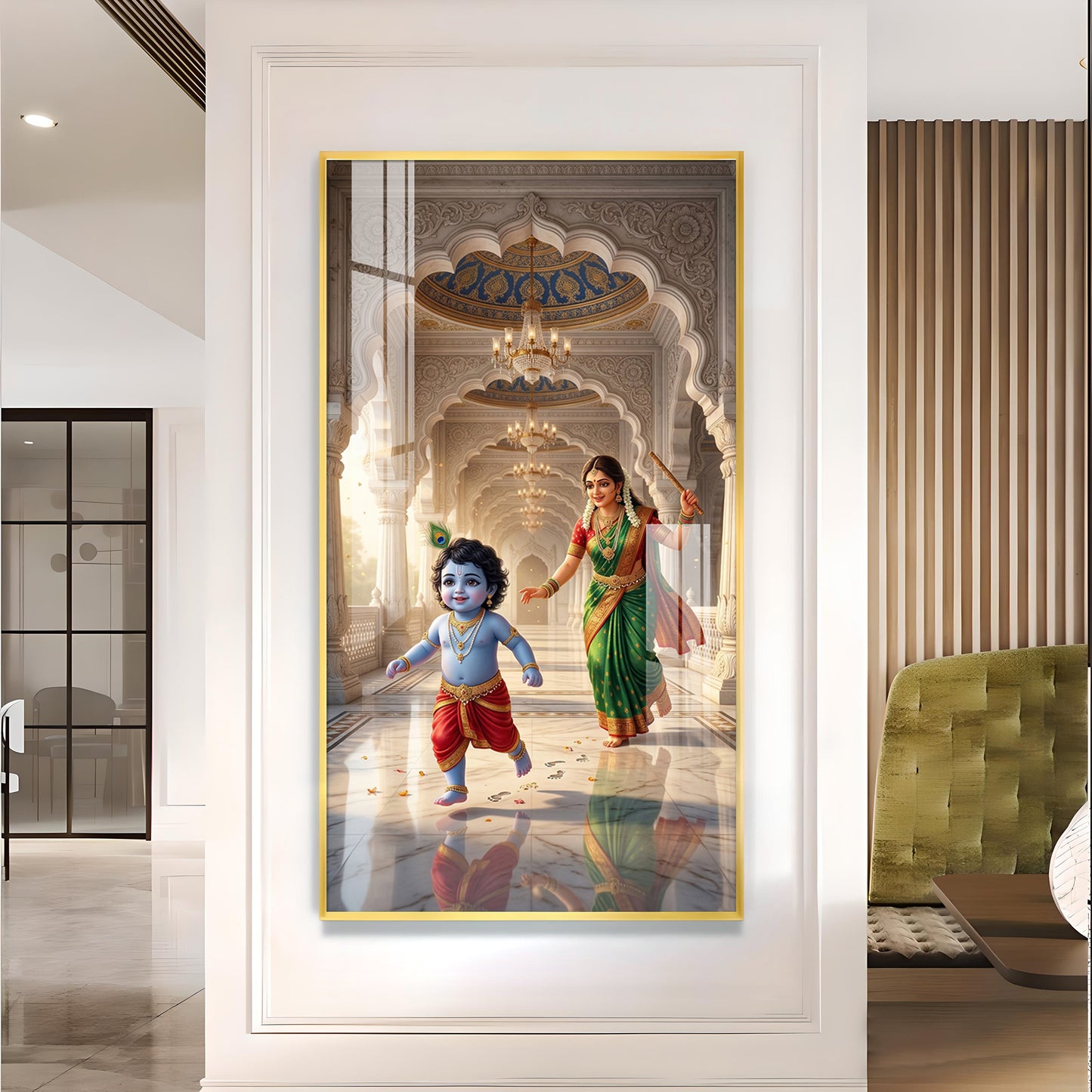 Little kanha With Maa Yashoda Glass Finish Vertical Wall Art