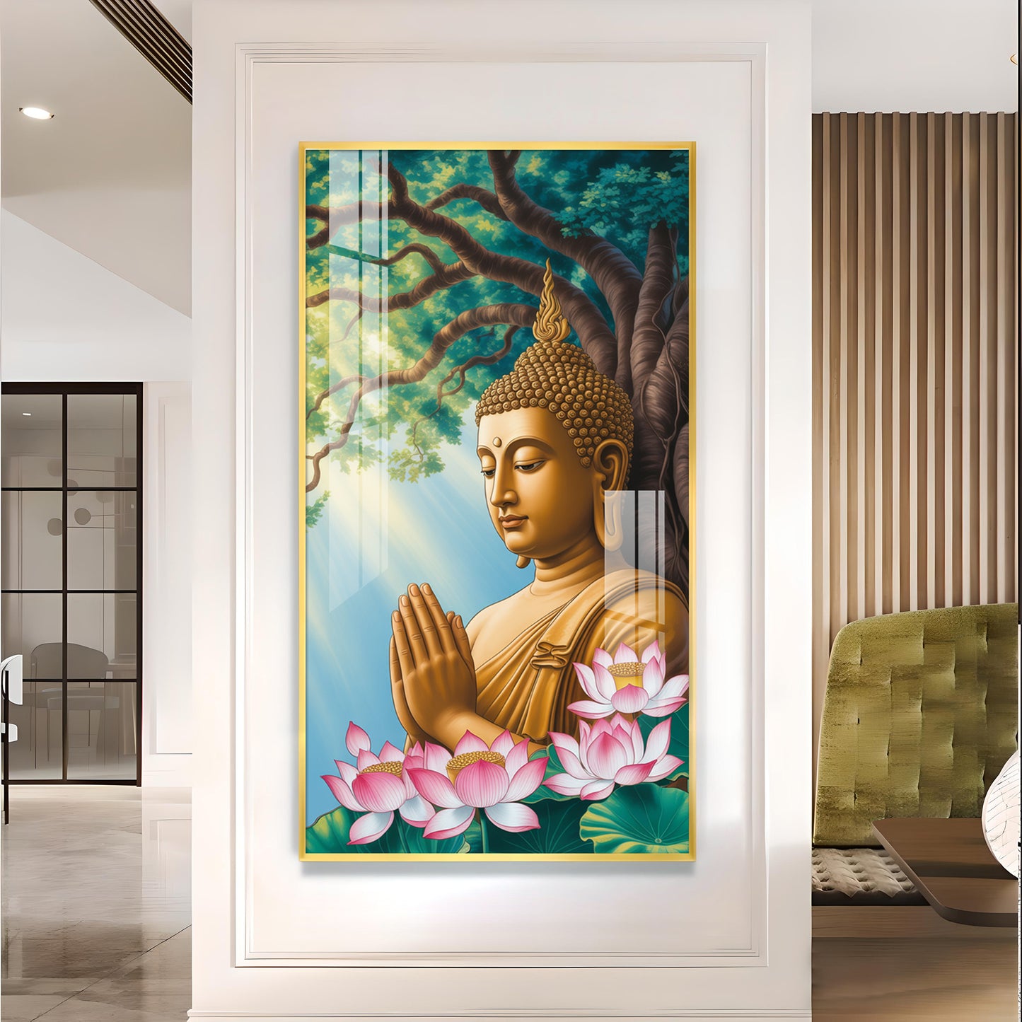Religious Buddha Glass Finish Vertical Wall Art