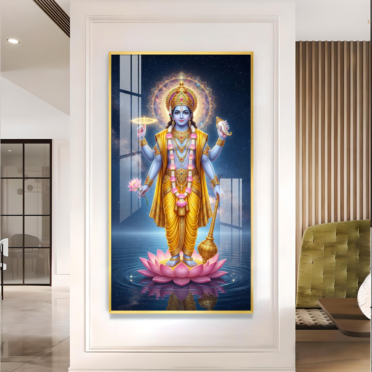 Divine Lord Vishnu Ji On Lotus Glass Finish Vertical Wall Art