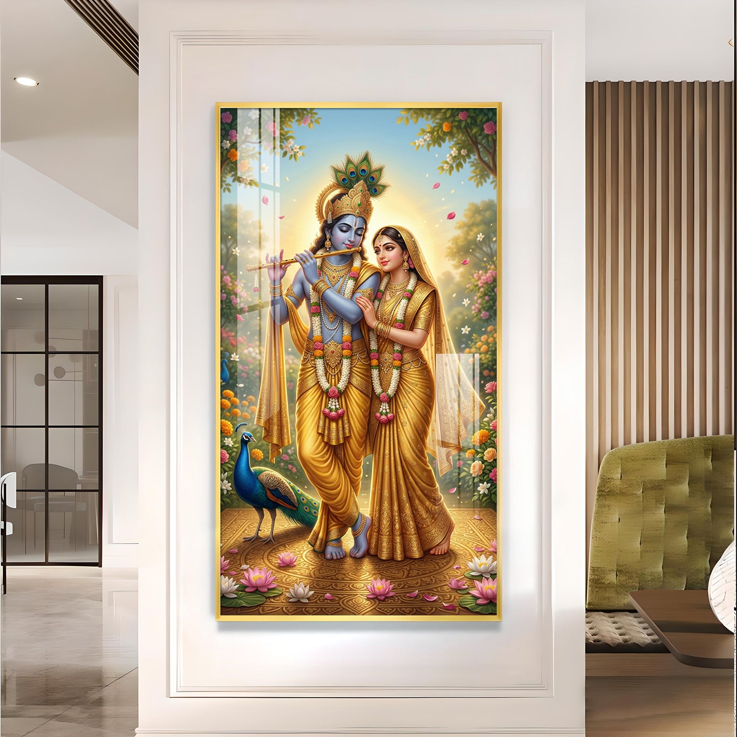 Radha Krishna Divine Love Glass Finish Vertical Wall Art