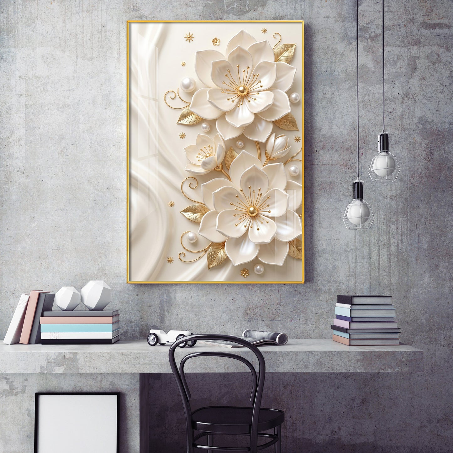 White Flowers With Golden Elements Glass Finish Vertical Wall Art