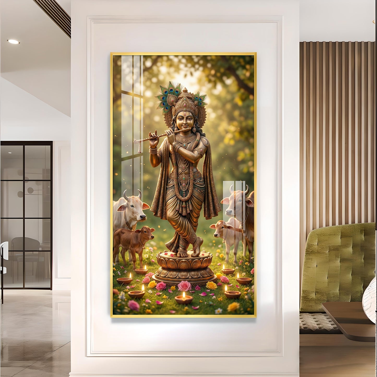 Lord Krishna With Playing the Flute Glass Finish Vertical Wall Art