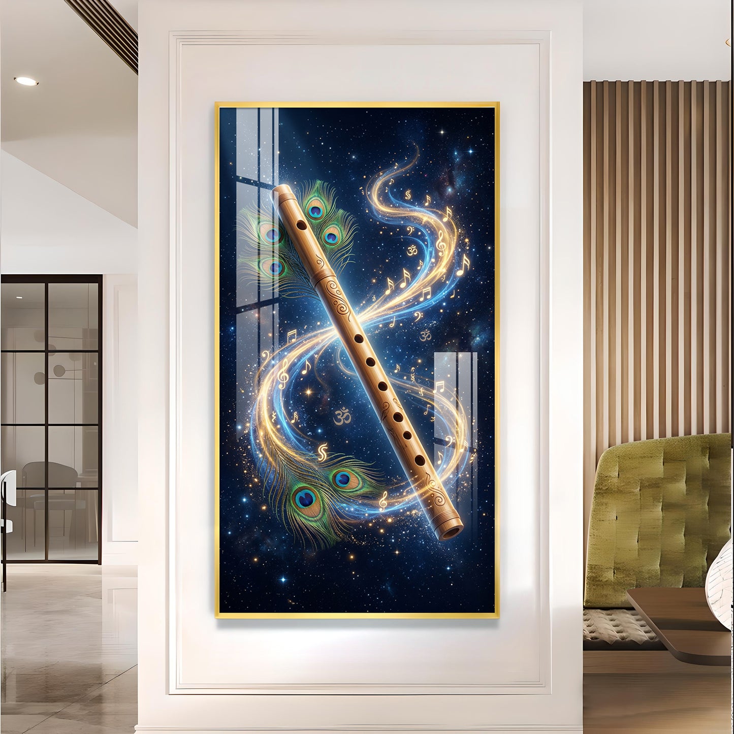 Flute With Peacock Feathers Glass Finish Vertical Wall Art