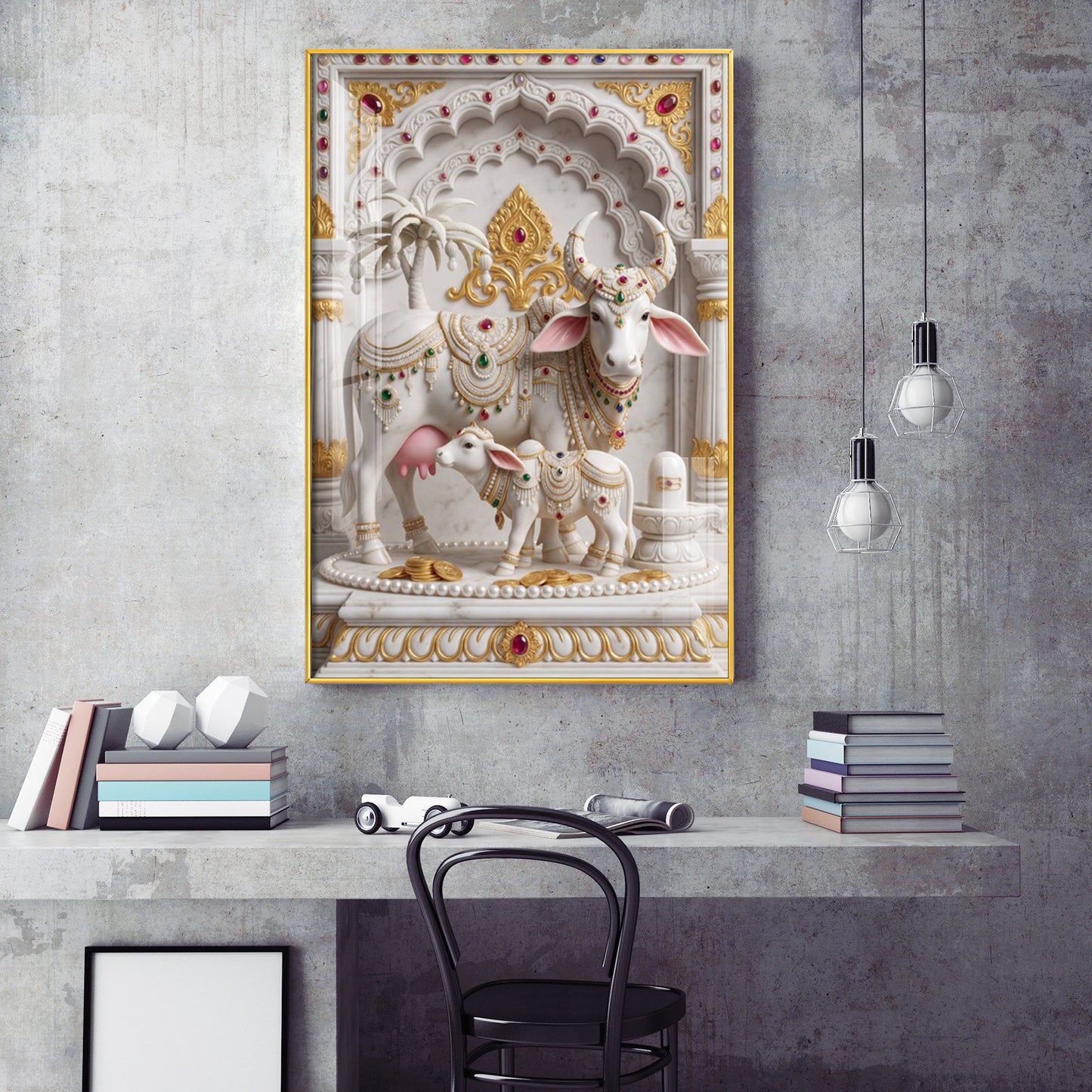 Kamdhenu Cow Calf Glass Finish Vertical Wall Art