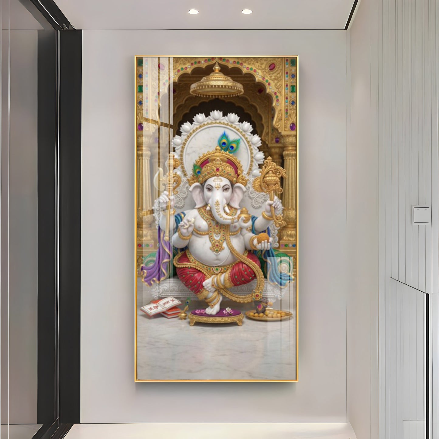Elegant Lord Ganesh Ji Glass Finish Vertical Wall Art