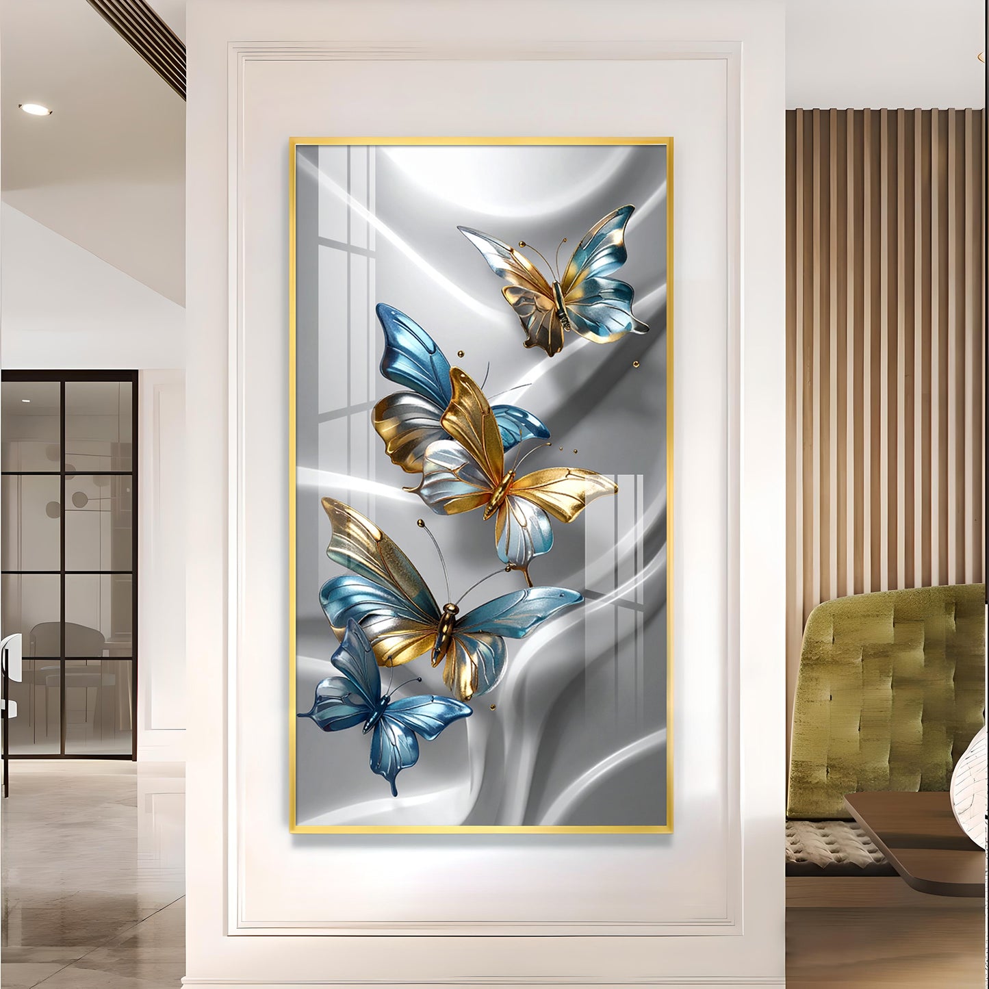 Golden Blue Flutter Glass Finish Vertical Wall Art