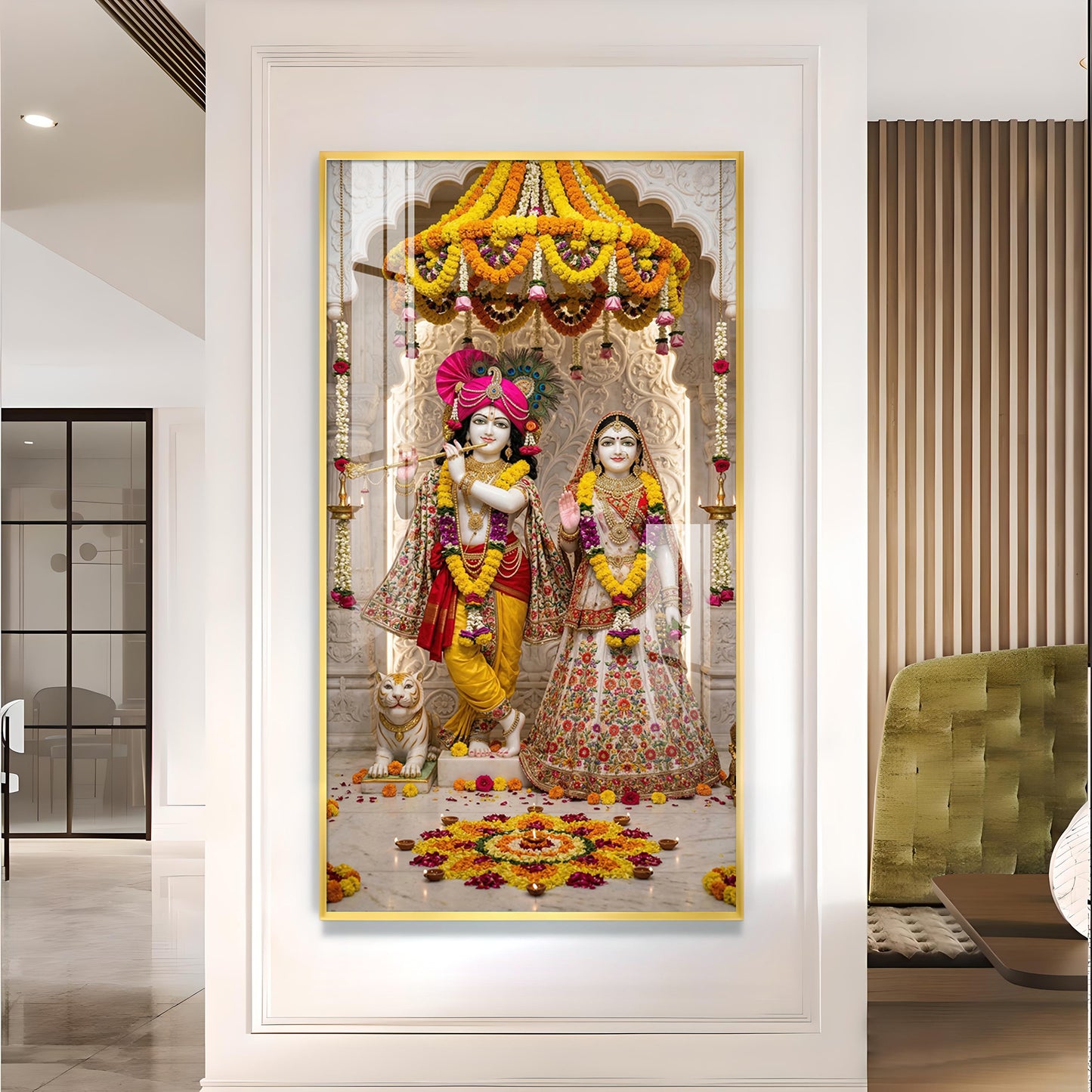 Divine Radha and Krishna Glass Finish Vertical Wall Art