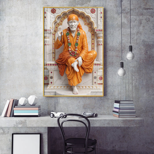 Divine Sai Baba Glass Finish Vertical Wall Art