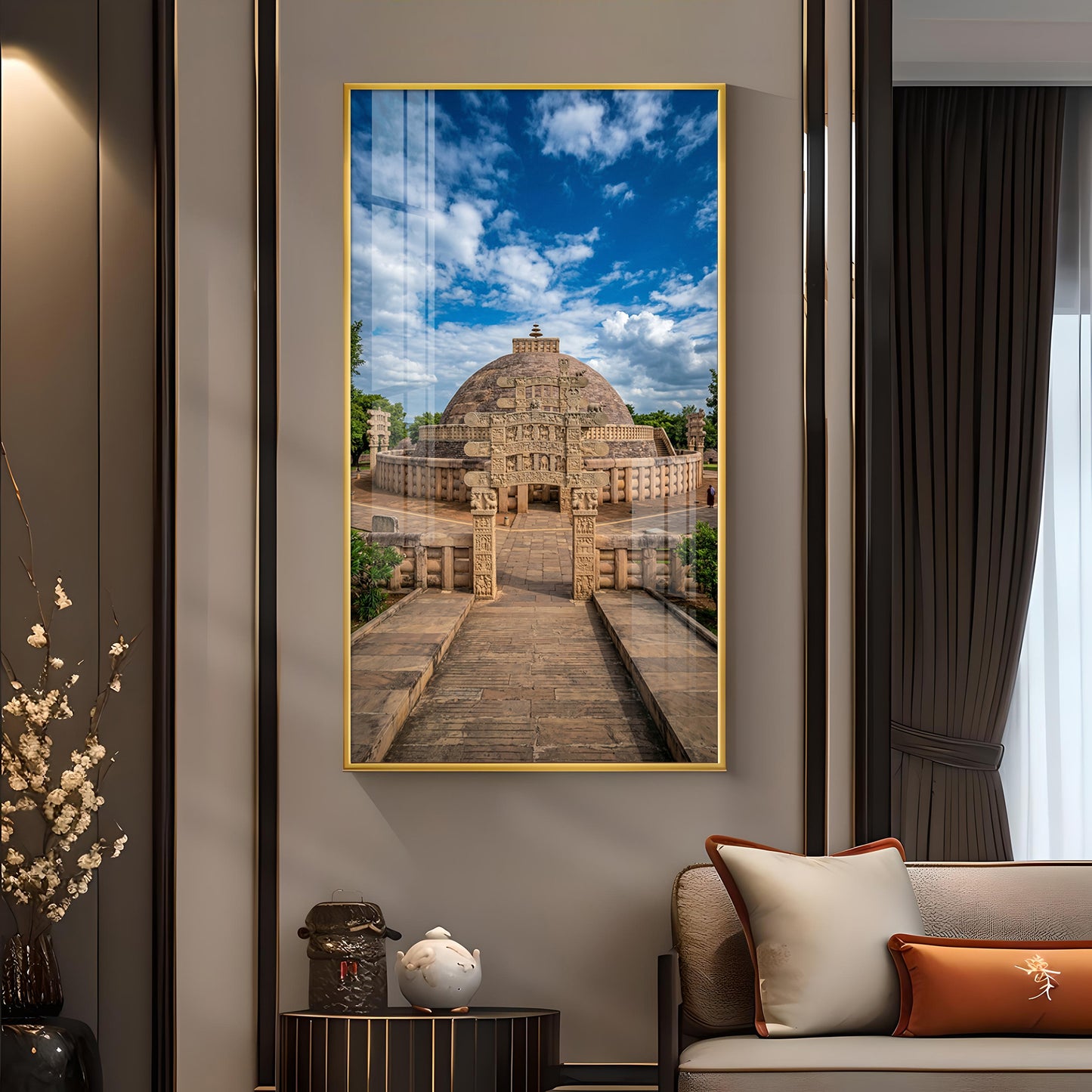 The Sanchi Stupa Glass Finish Vertical Wall Art