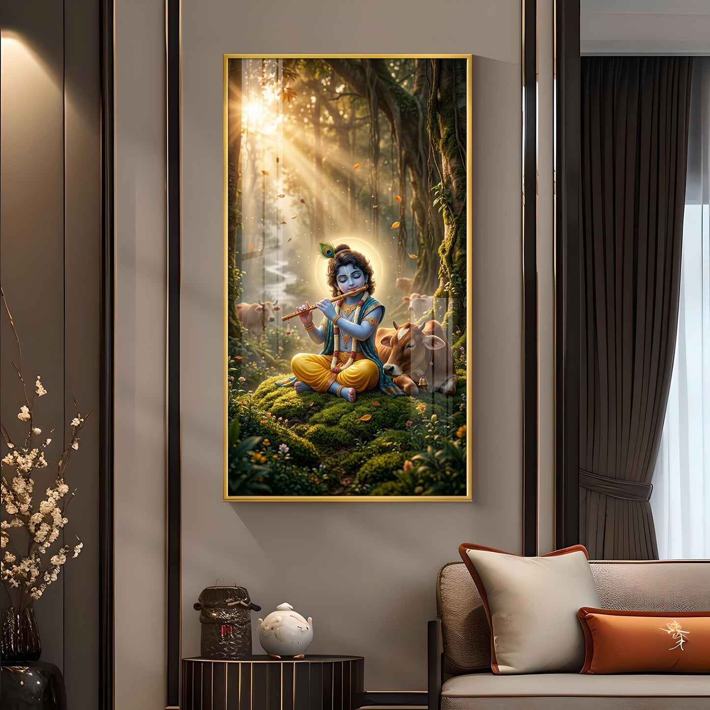 Lord Krishna Playing Flute In Garden Glass Finish Vertical Wall Art