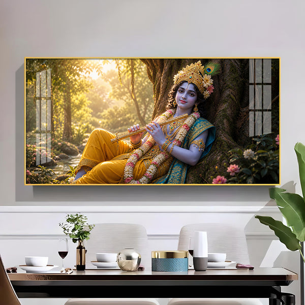 Lord Krishna Glass Finish Horizontal Wall Art