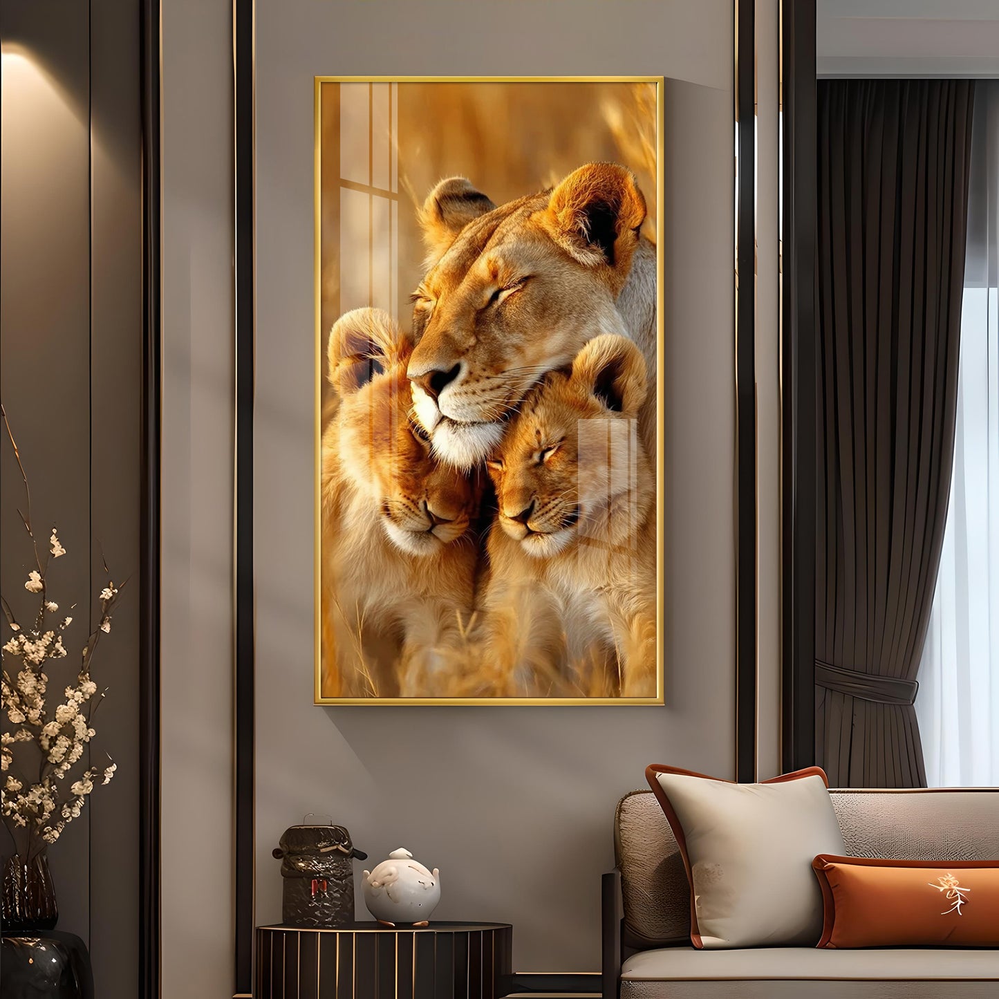 Lioness Cub Cuddling Glass Finish Vertical Wall Art