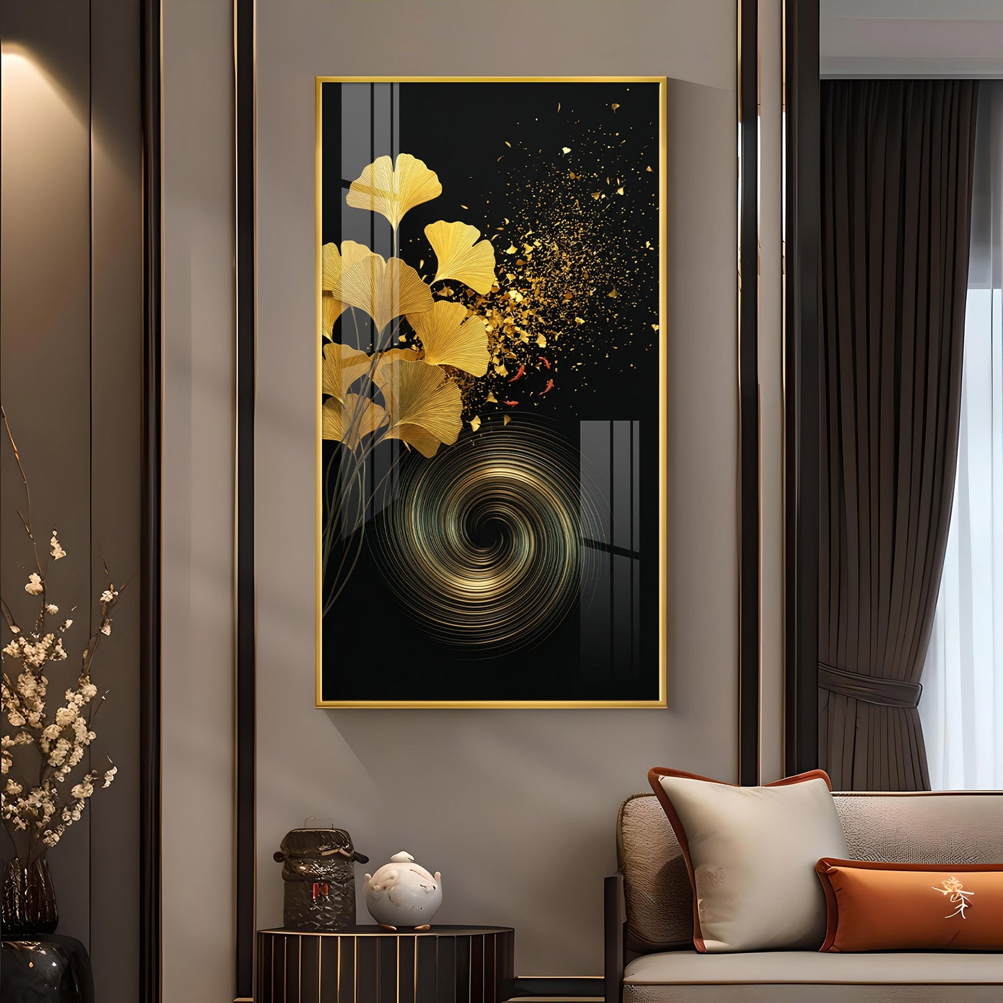 Gold Ginkgo Leaves Glass Finish Vertical Wall Art