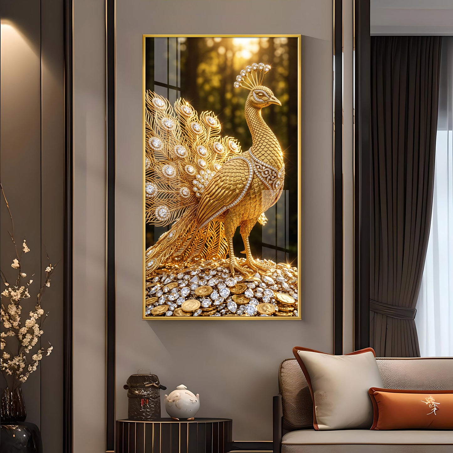 Golden Peacock Glass Finish Vertical Wall Art