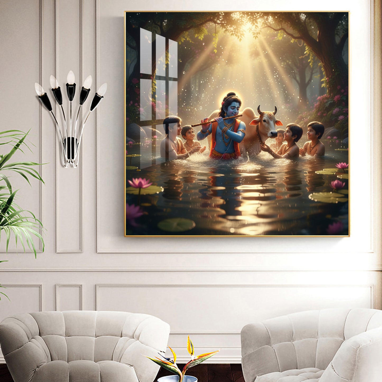 Little Krishna With Sakha Glass Finish Square Wall Art