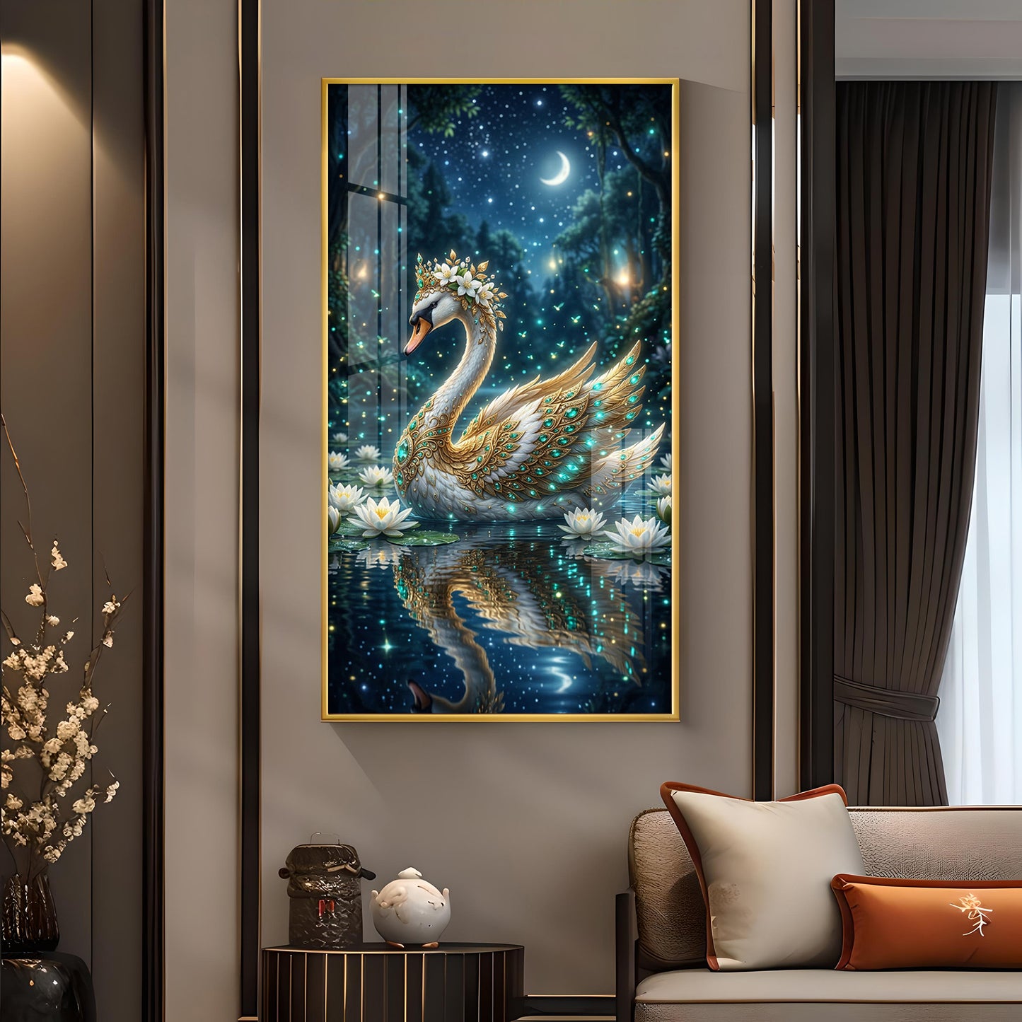 Calm Night Magical Swan Glass Finish Vertical Wall Art