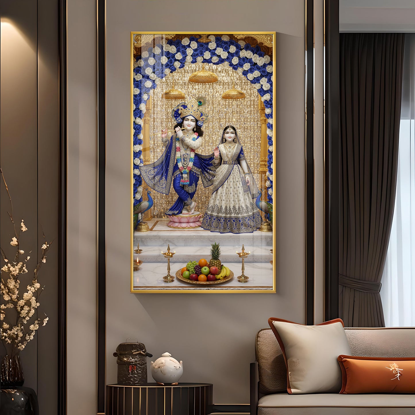 Deities Radha & Krishna Glass Finish Vertical Wall Art