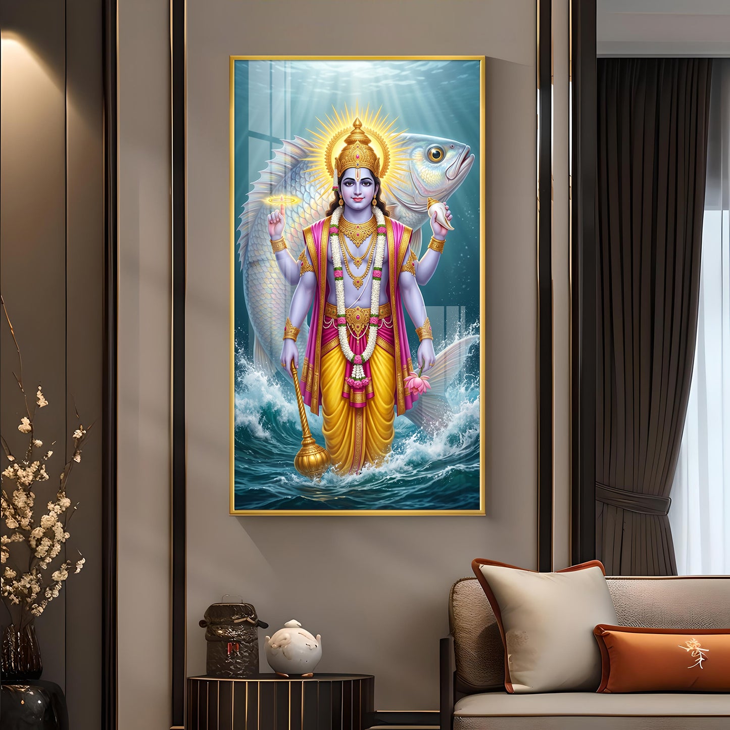 Lord Vishnu With Matsya Avatar Glass Finish Vertical Wall Art