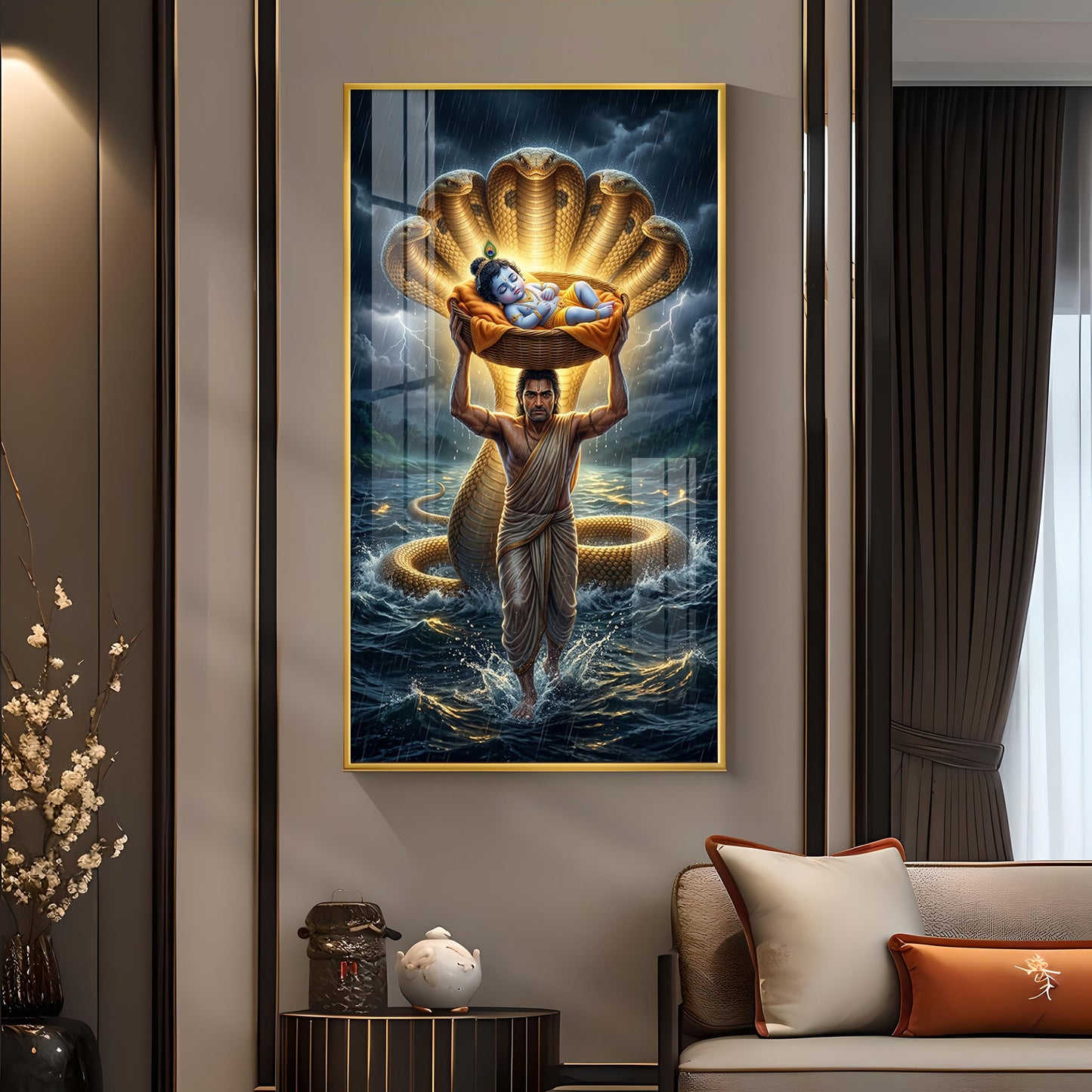 Lord Krishna with Vasudeva Glass Finish Vertical Wall Art