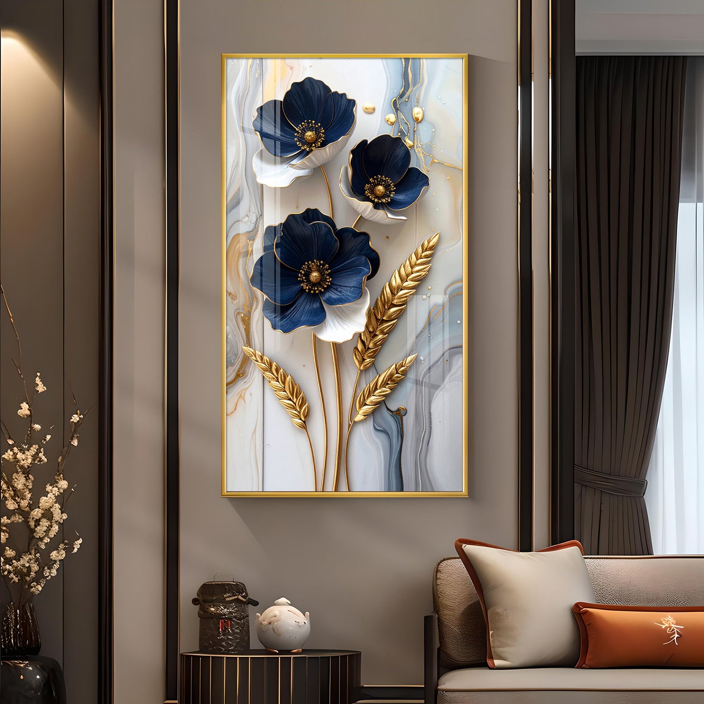 Blue & Gold Serenity Glass Finish Vertical Wall Art